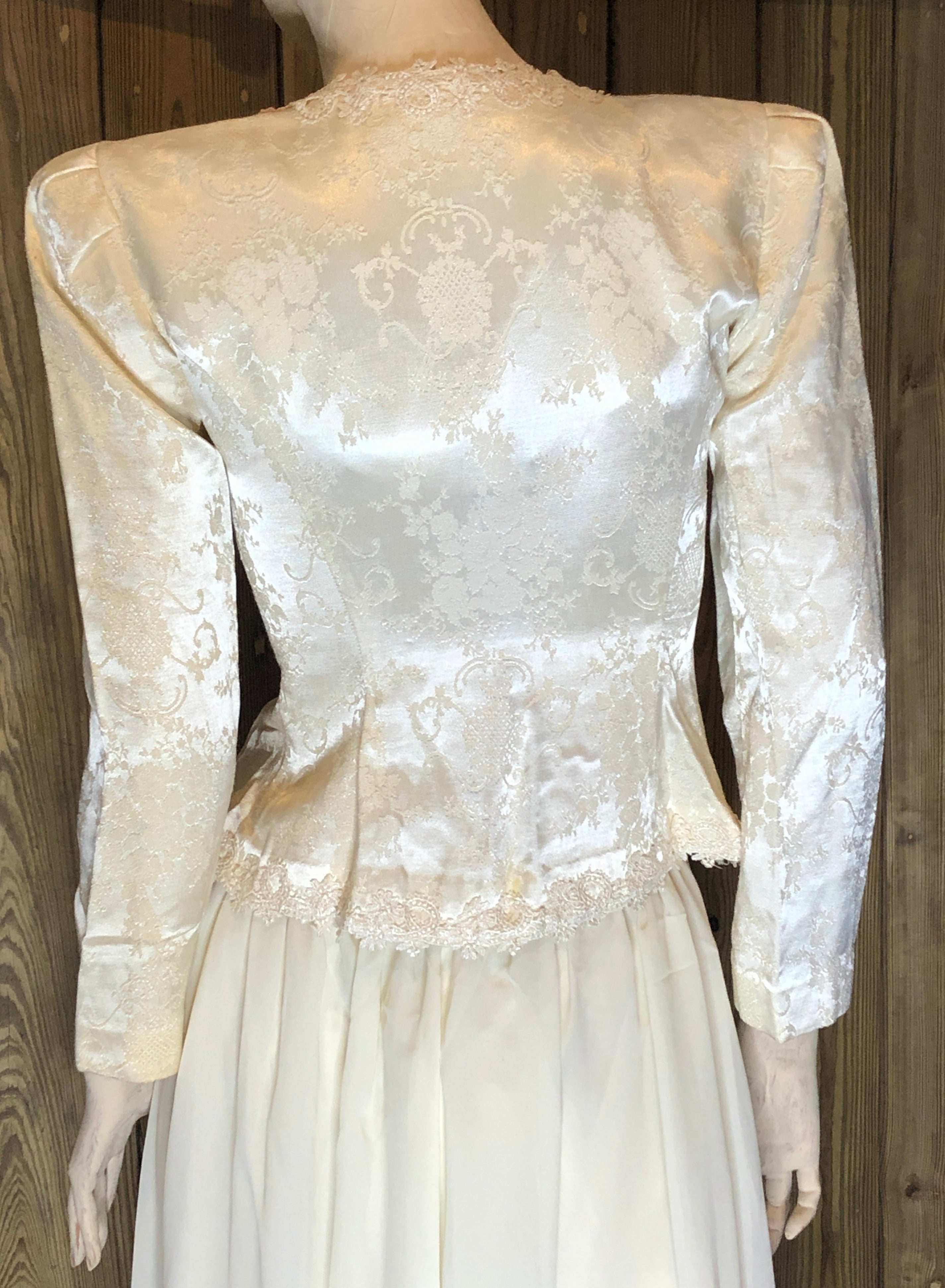 Vtg 90s Ivory Brocade/Lace Trim Peplum Jacket/Full Skirt Womens Set 4P~Wedding