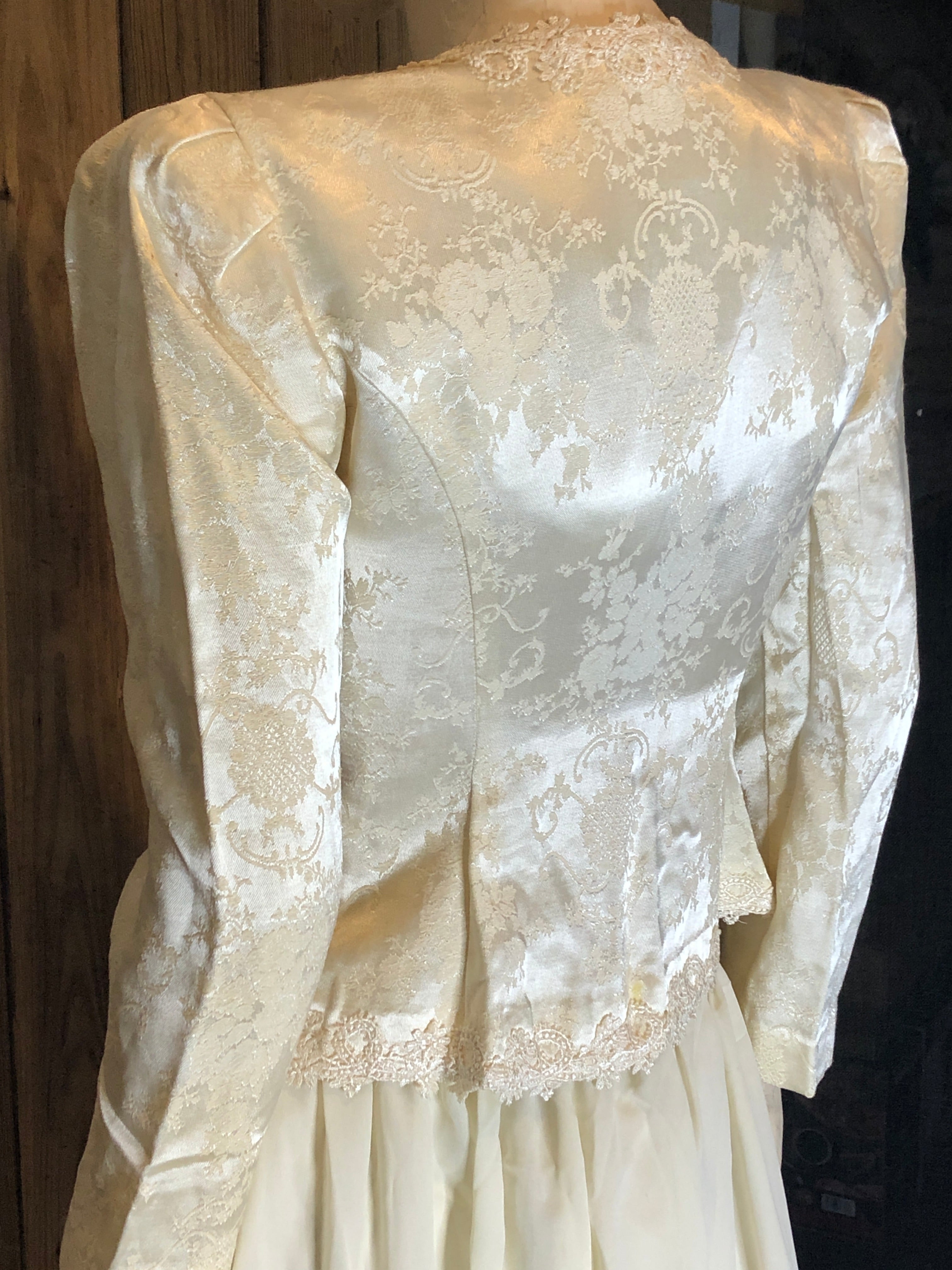 Vtg 90s Ivory Brocade/Lace Trim Peplum Jacket/Full Skirt Womens Set 4P~Wedding