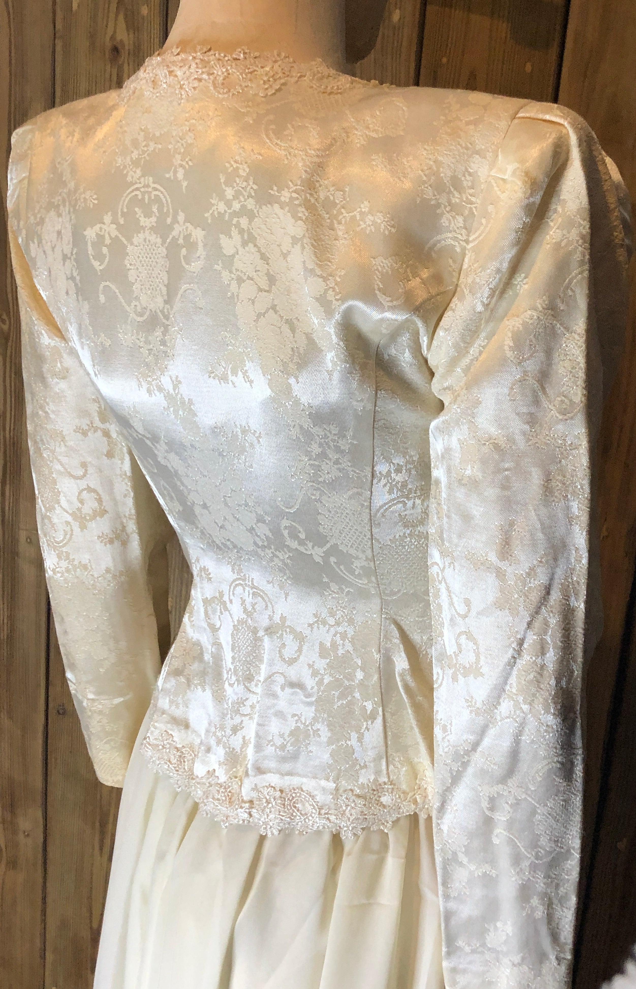 Vtg 90s Ivory Brocade/Lace Trim Peplum Jacket/Full Skirt Womens Set 4P~Wedding