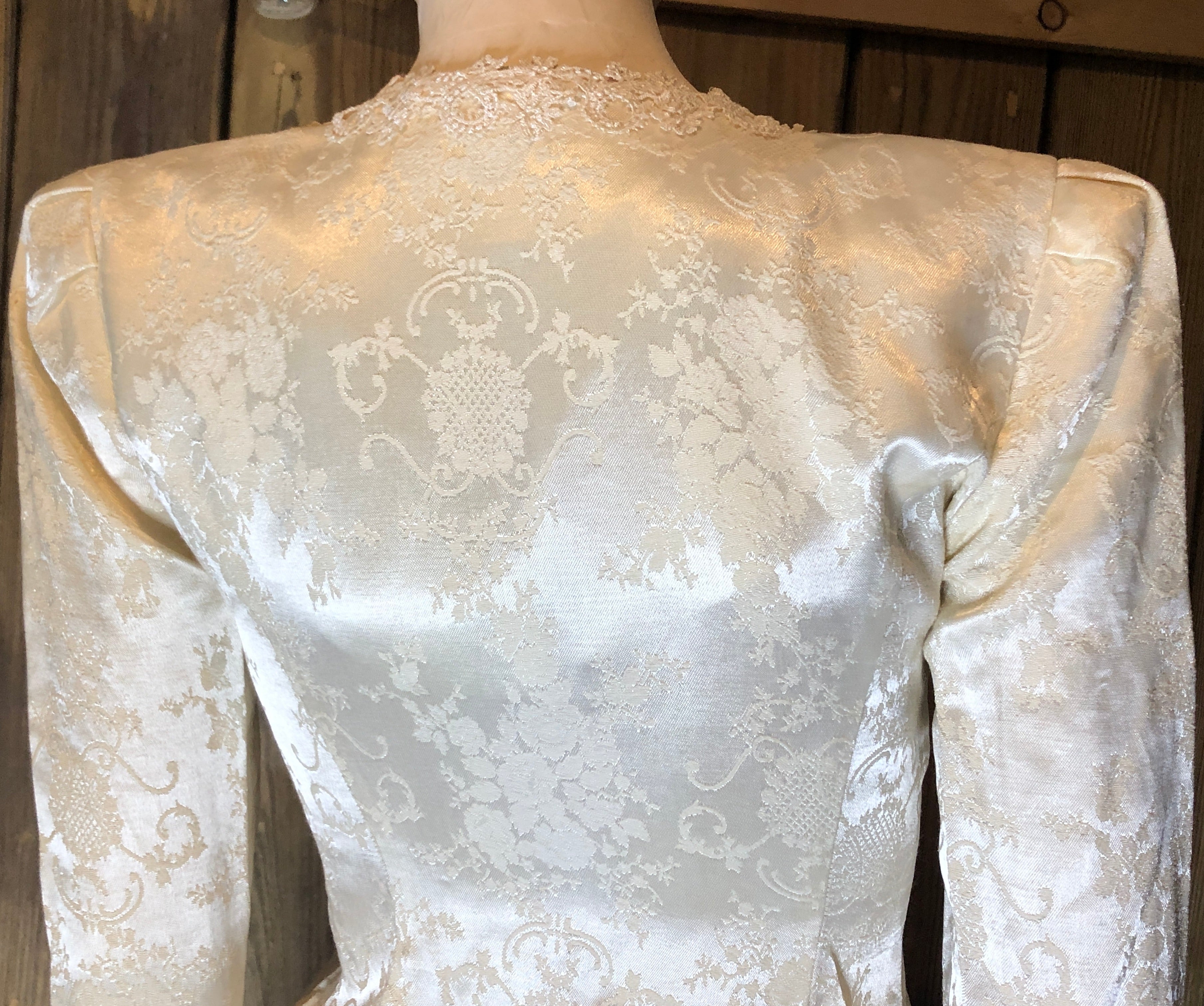 Vtg 90s Ivory Brocade/Lace Trim Peplum Jacket/Full Skirt Womens Set 4P~Wedding