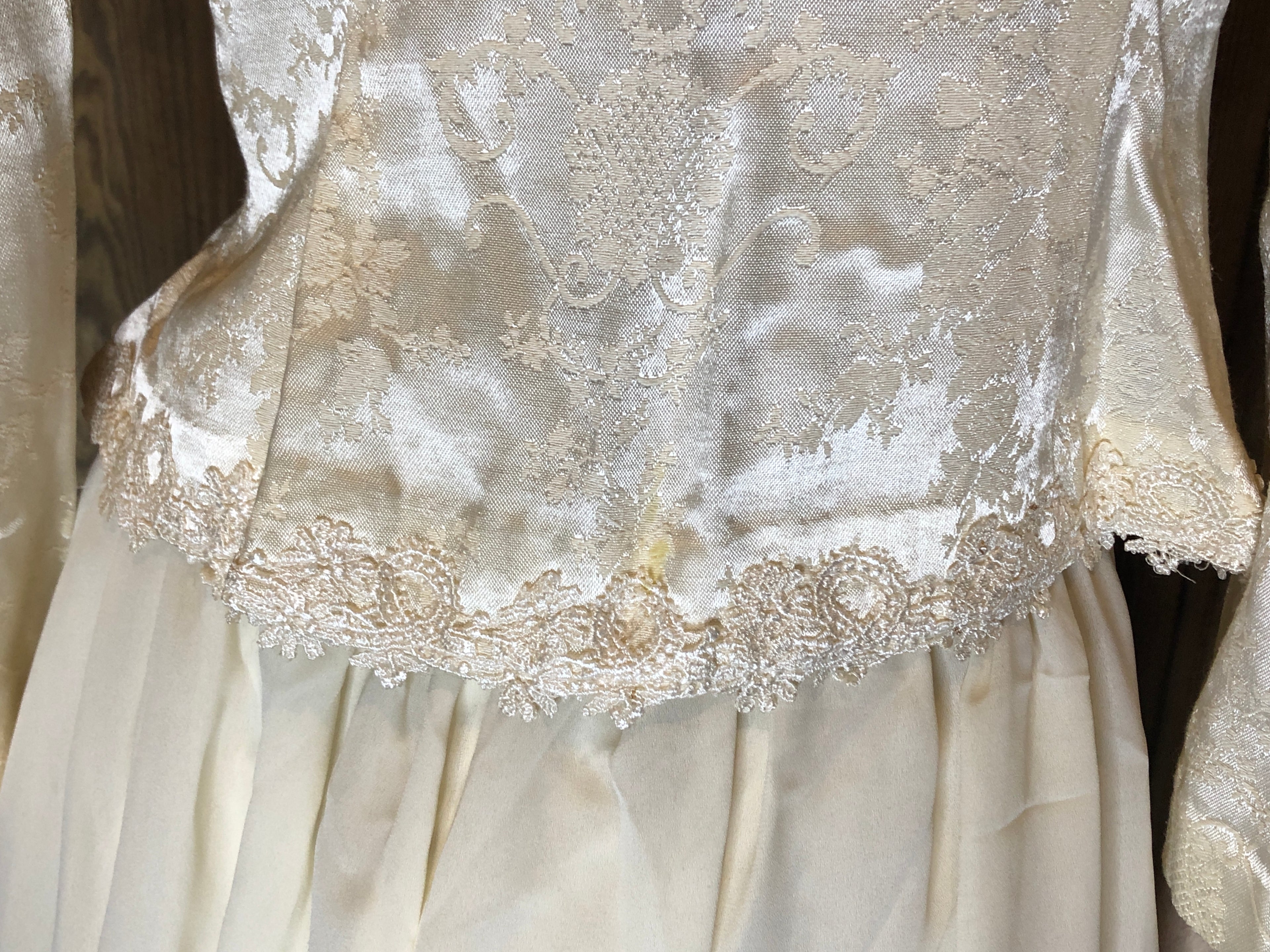 Vtg 90s Ivory Brocade/Lace Trim Peplum Jacket/Full Skirt Womens Set 4P~Wedding