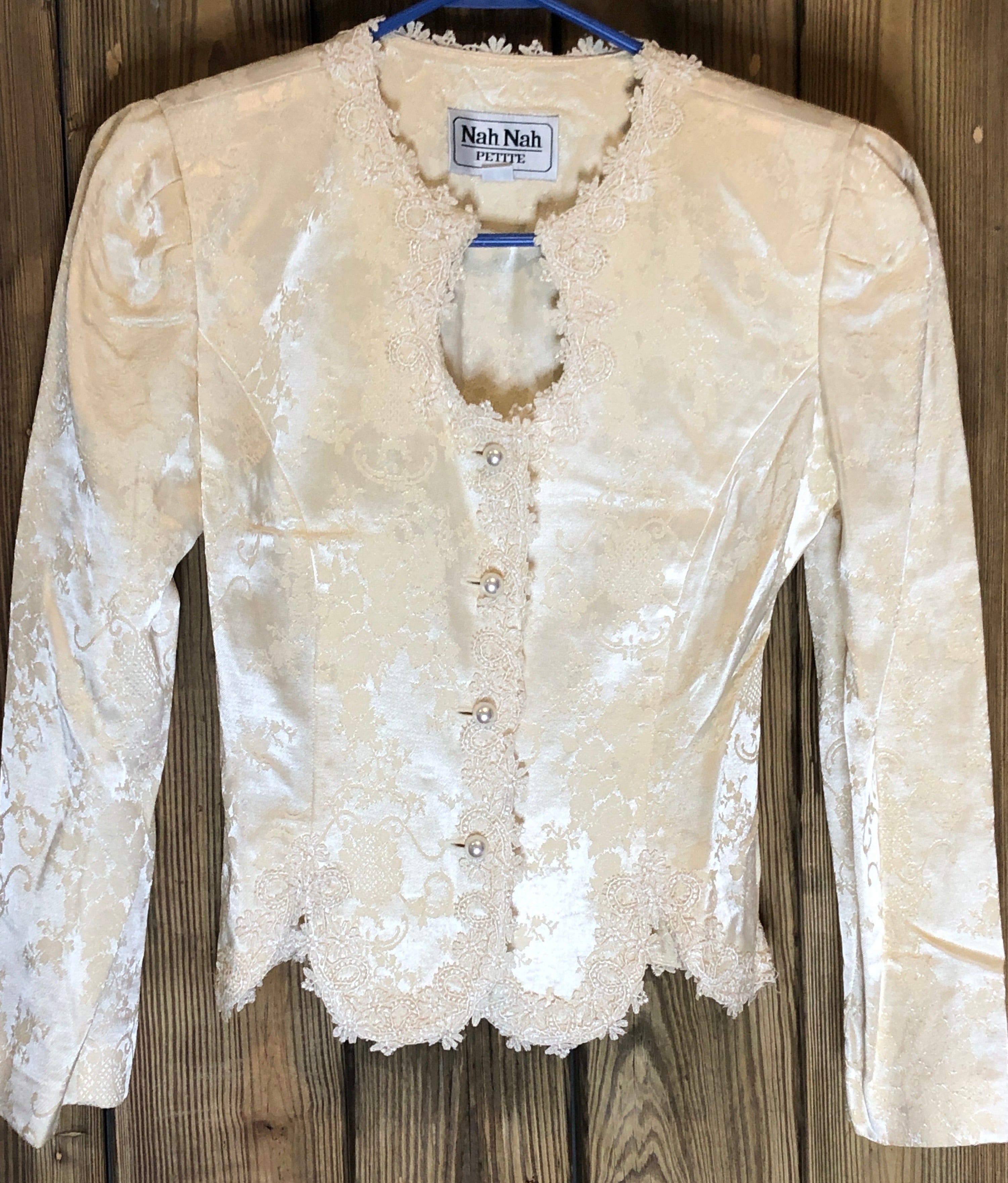 Vtg 90s Ivory Brocade/Lace Trim Peplum Jacket/Full Skirt Womens Set 4P~Wedding