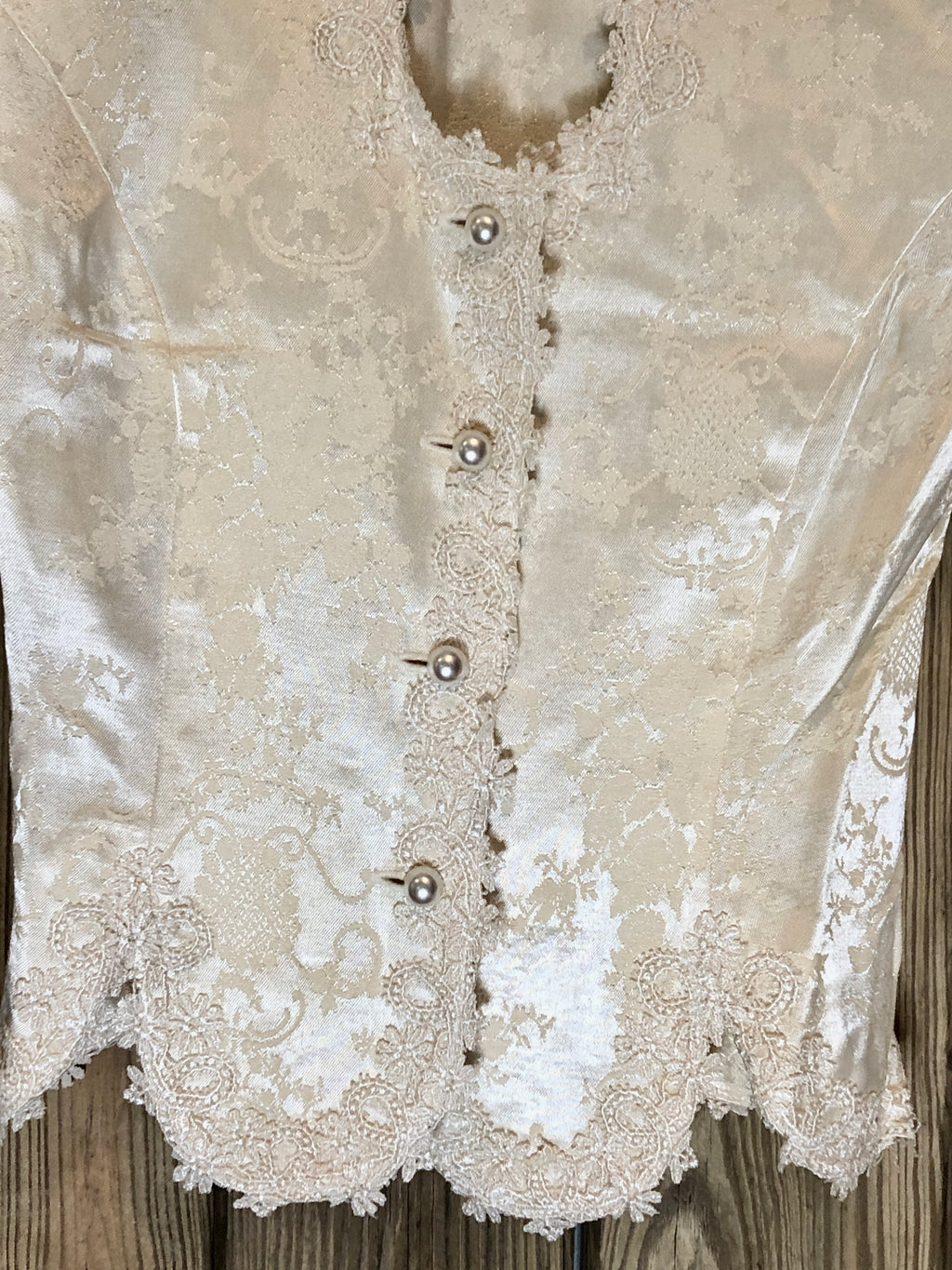 Vtg 90s Ivory Brocade/Lace Trim Peplum Jacket/Full Skirt Womens Set 4P~Wedding