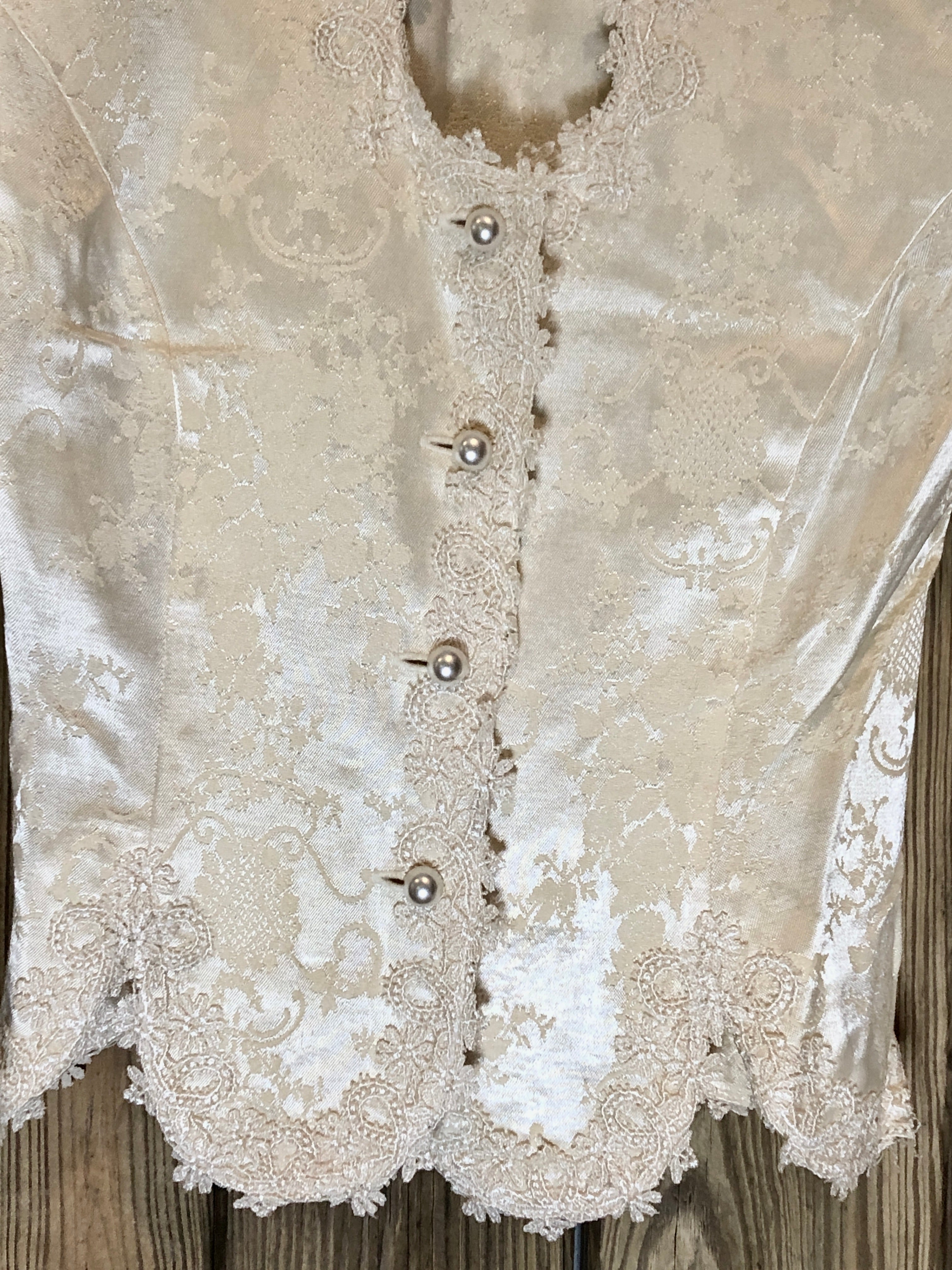 Vtg 90s Ivory Brocade/Lace Trim Peplum Jacket/Full Skirt Womens Set 4P~Wedding