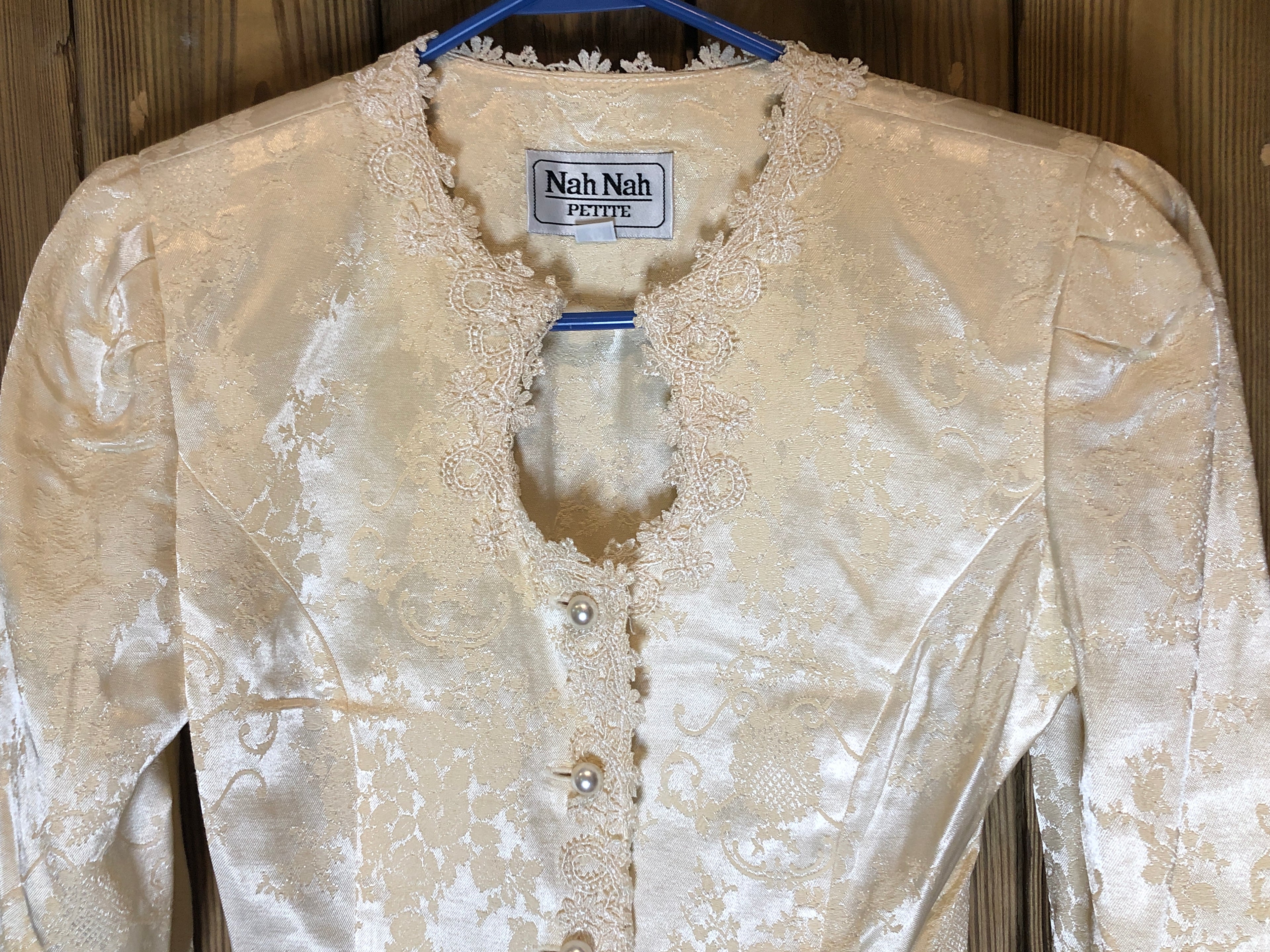 Vtg 90s Ivory Brocade/Lace Trim Peplum Jacket/Full Skirt Womens Set 4P~Wedding