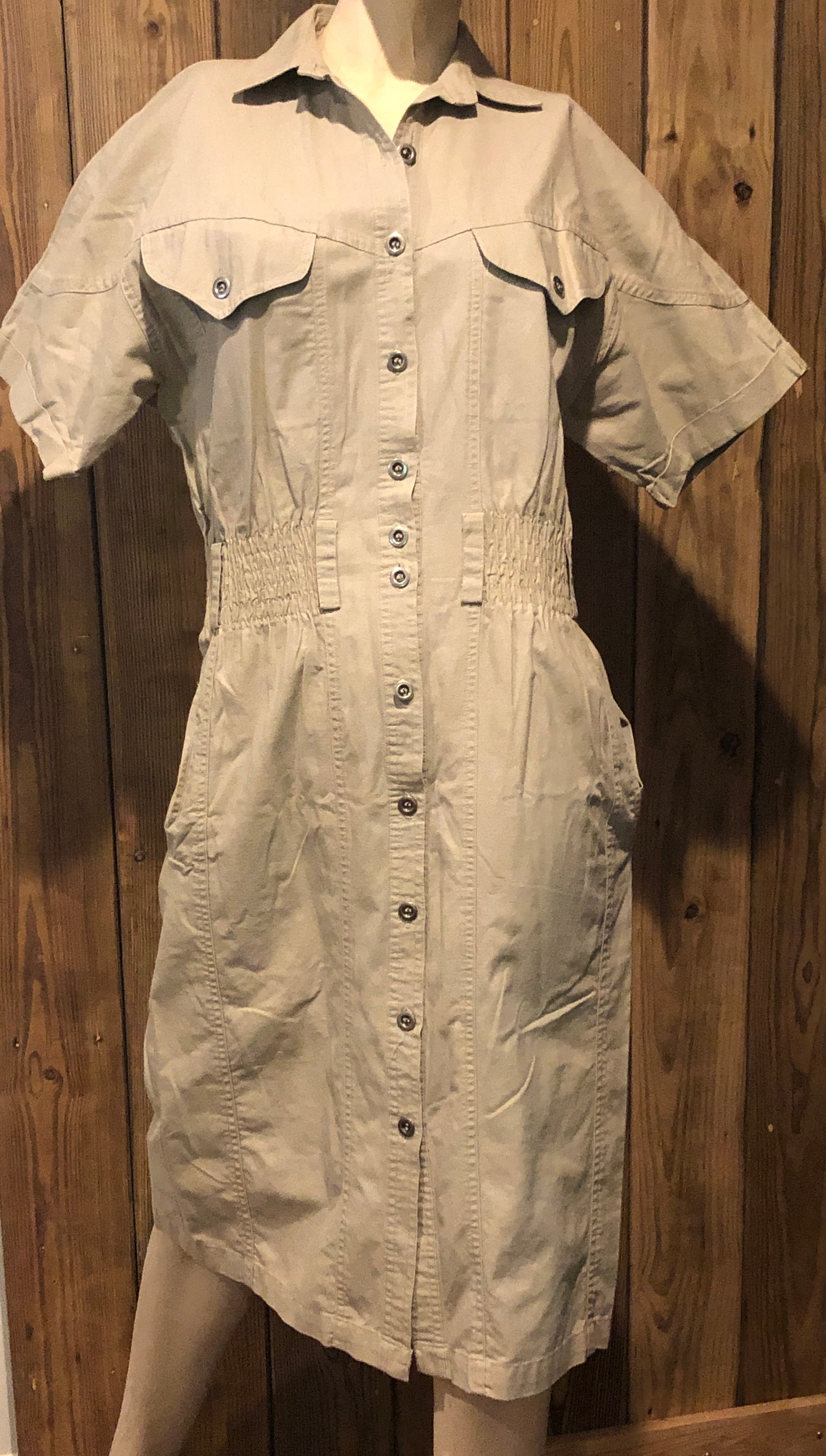 VTG 80s/90s Khaki Button Down Safari Style Shirt Dress Short Sleeve Pencil Sz 4