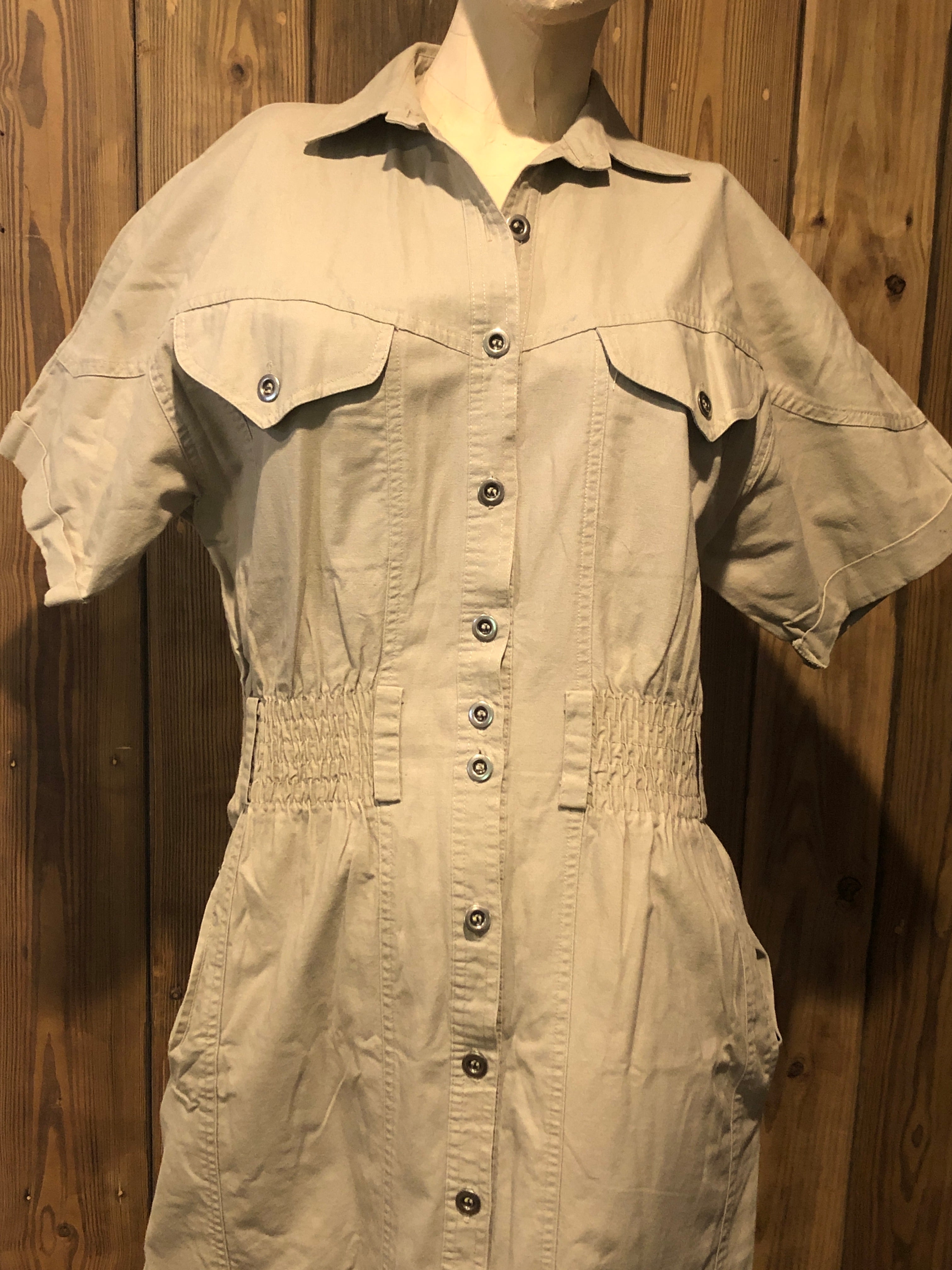 VTG 80s/90s Khaki Button Down Safari Style Shirt Dress Short Sleeve Pencil Sz 4
