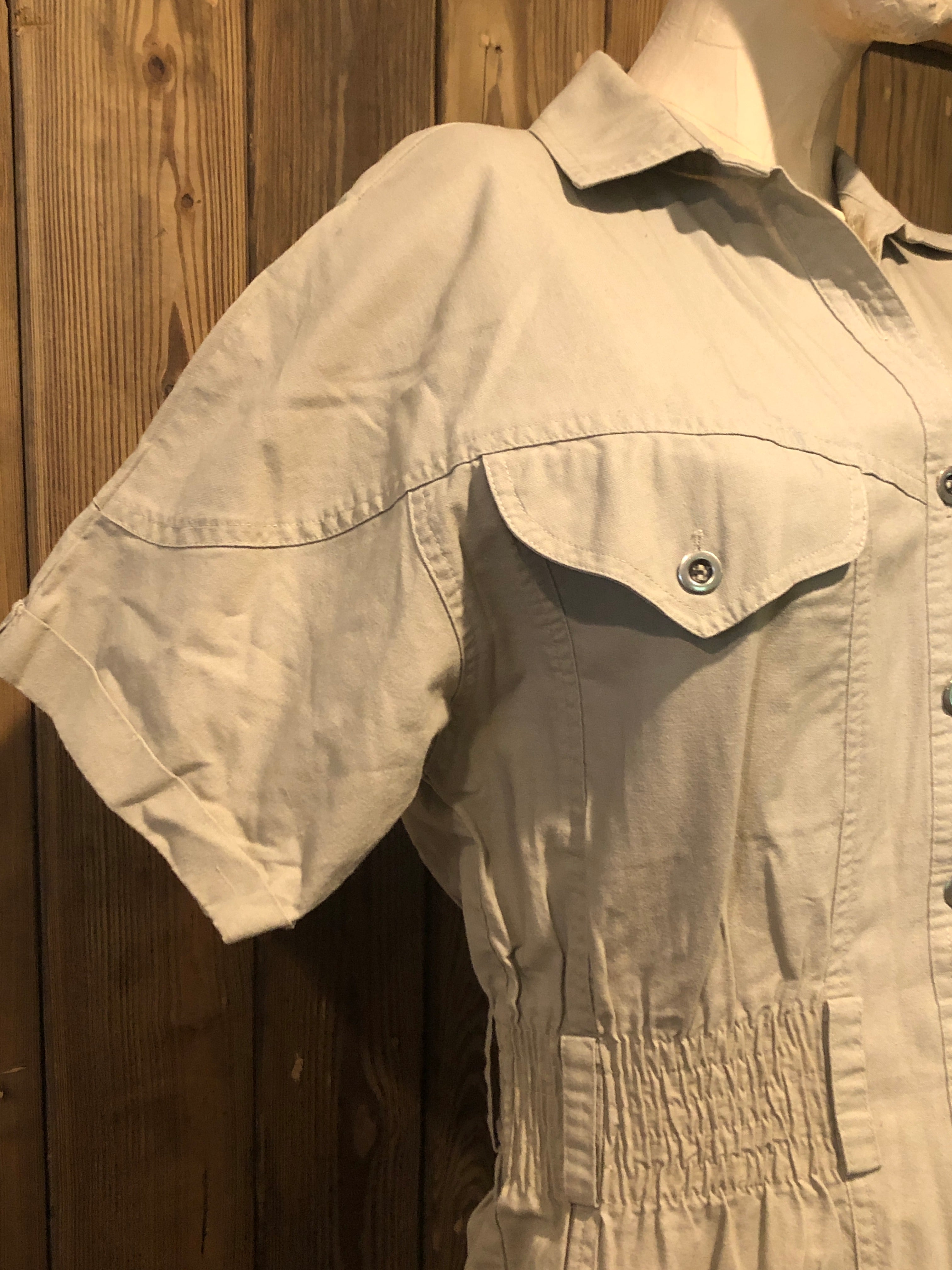 VTG 80s/90s Khaki Button Down Safari Style Shirt Dress Short Sleeve Pencil Sz 4
