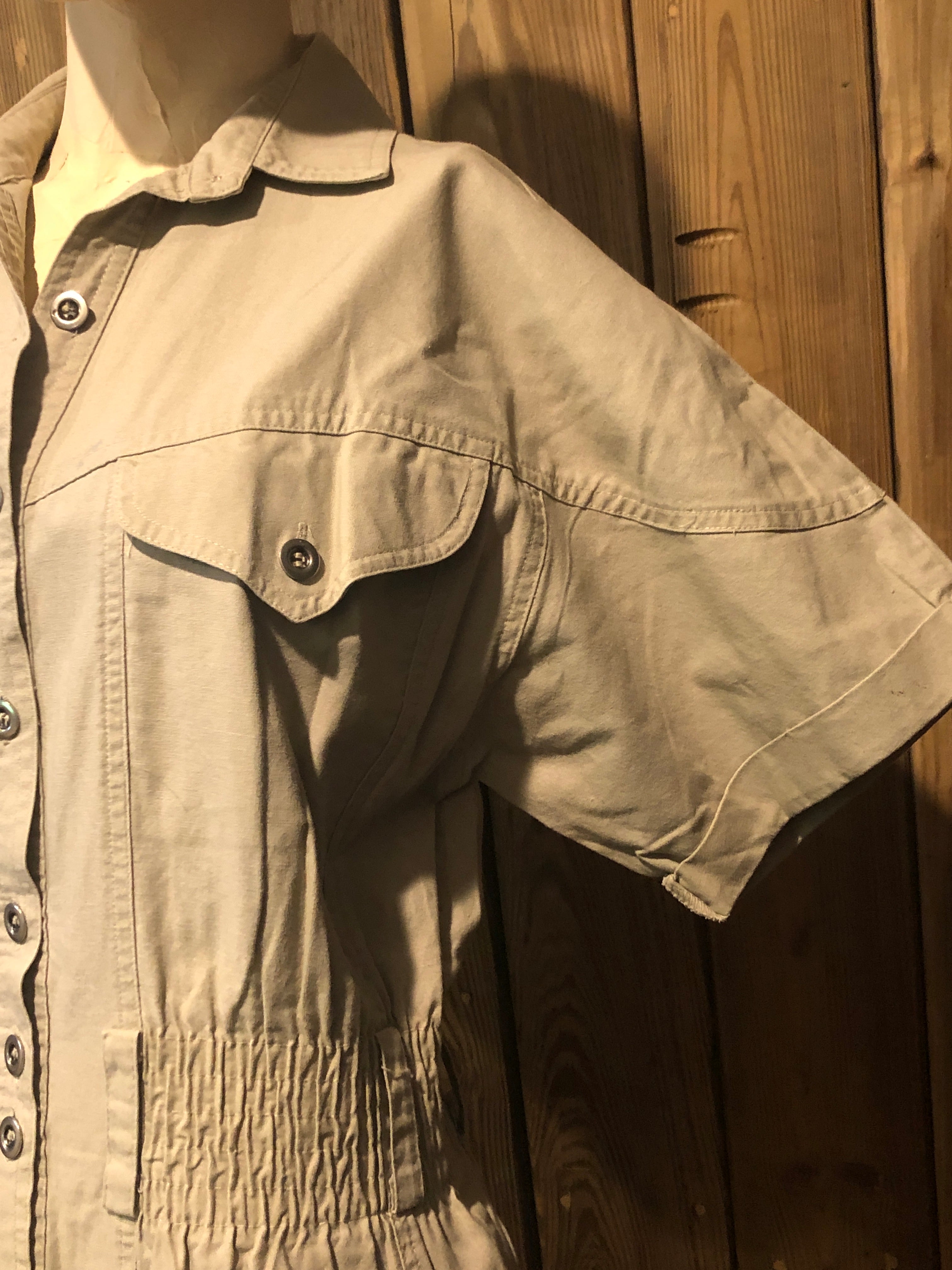 VTG 80s/90s Khaki Button Down Safari Style Shirt Dress Short Sleeve Pencil Sz 4
