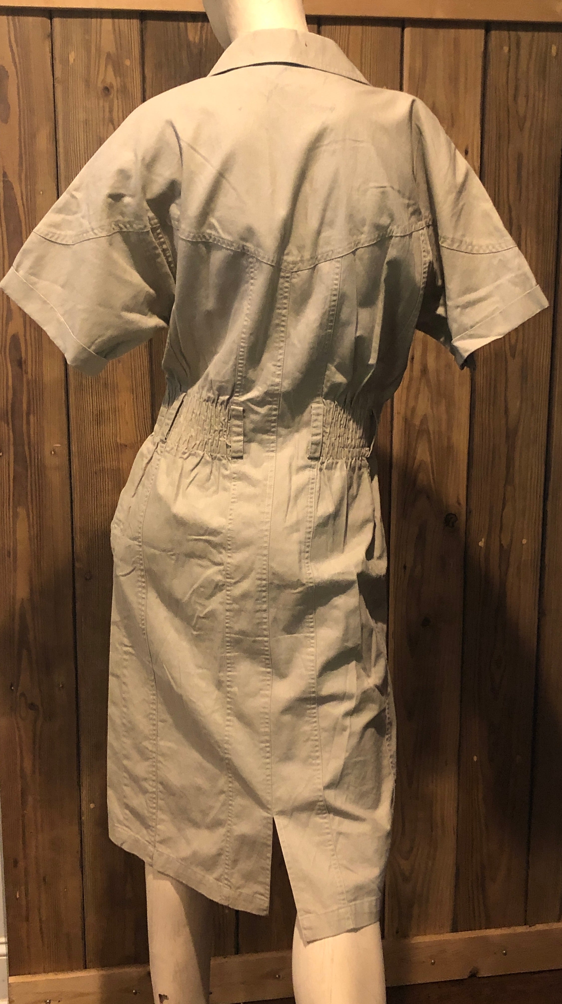 VTG 80s/90s Khaki Button Down Safari Style Shirt Dress Short Sleeve Pencil Sz 4
