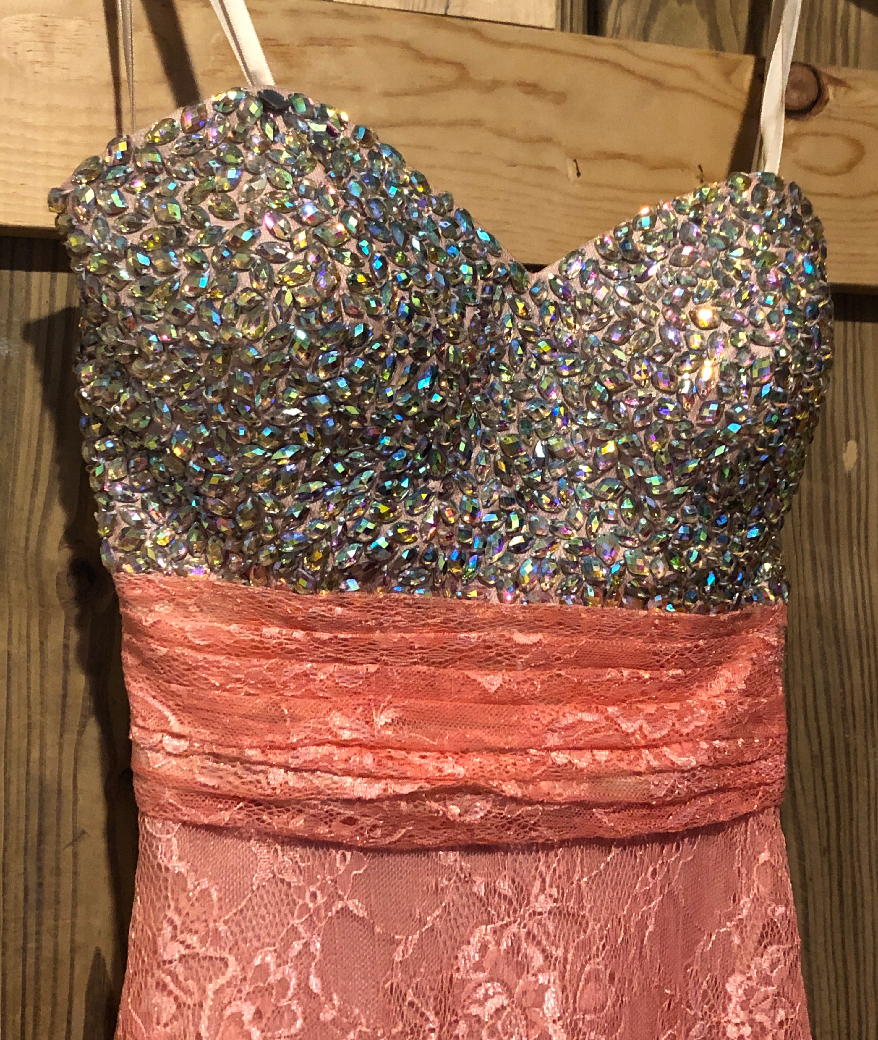 Salmon Lace Jeweled Bust Strapless Empire Waist A-Line Formal Evening Gown~00