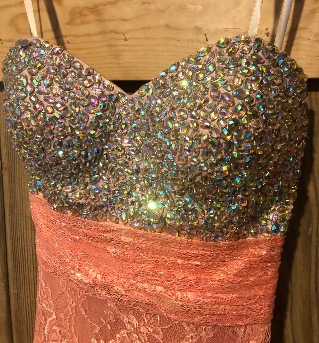 Salmon Lace Jeweled Bust Strapless Empire Waist A-Line Formal Evening Gown~00