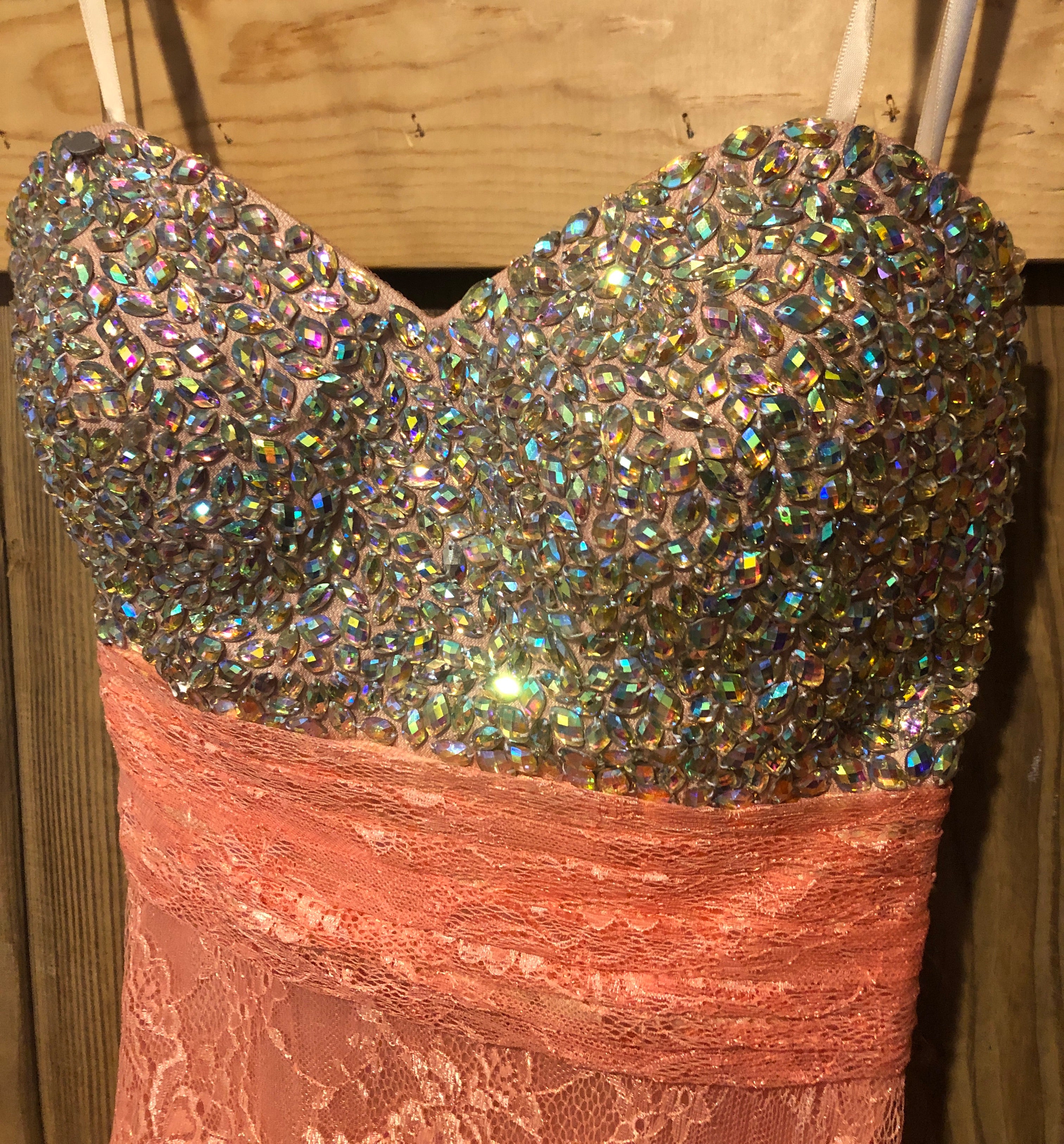 Salmon Lace Jeweled Bust Strapless Empire Waist A-Line Formal Evening Gown~00