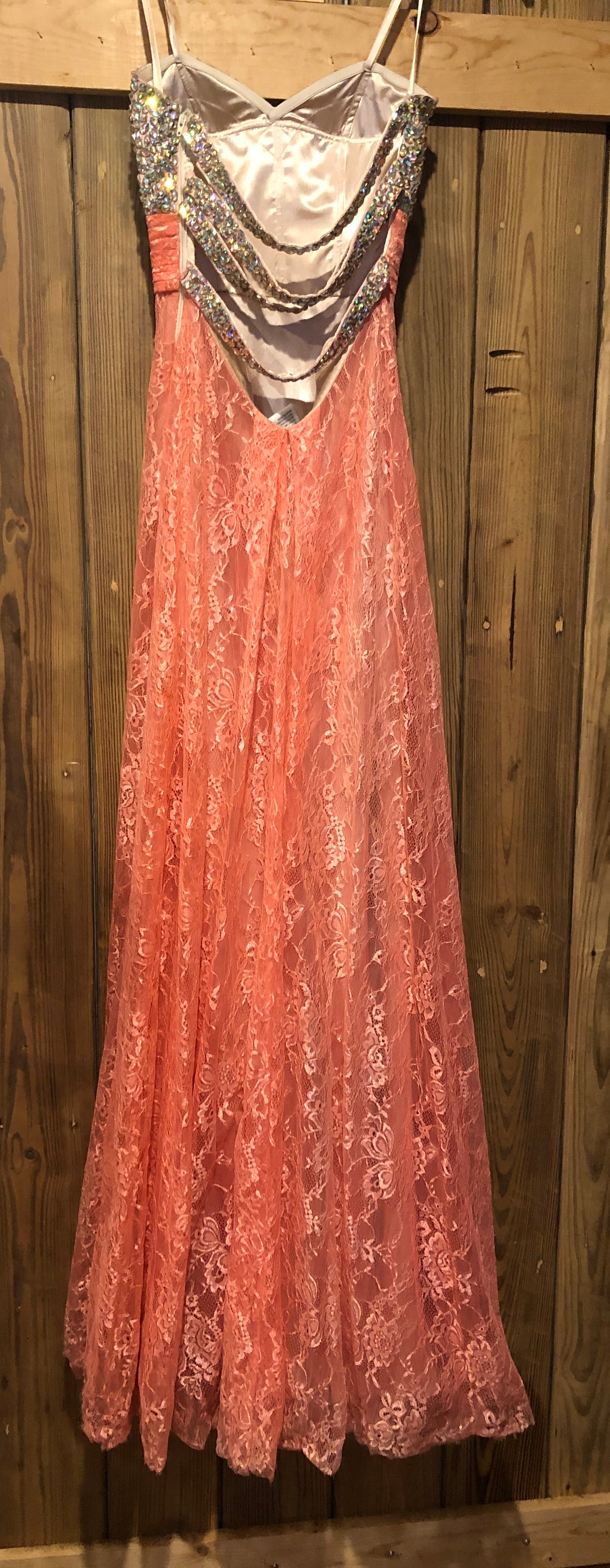 Salmon Lace Jeweled Bust Strapless Empire Waist A-Line Formal Evening Gown~00