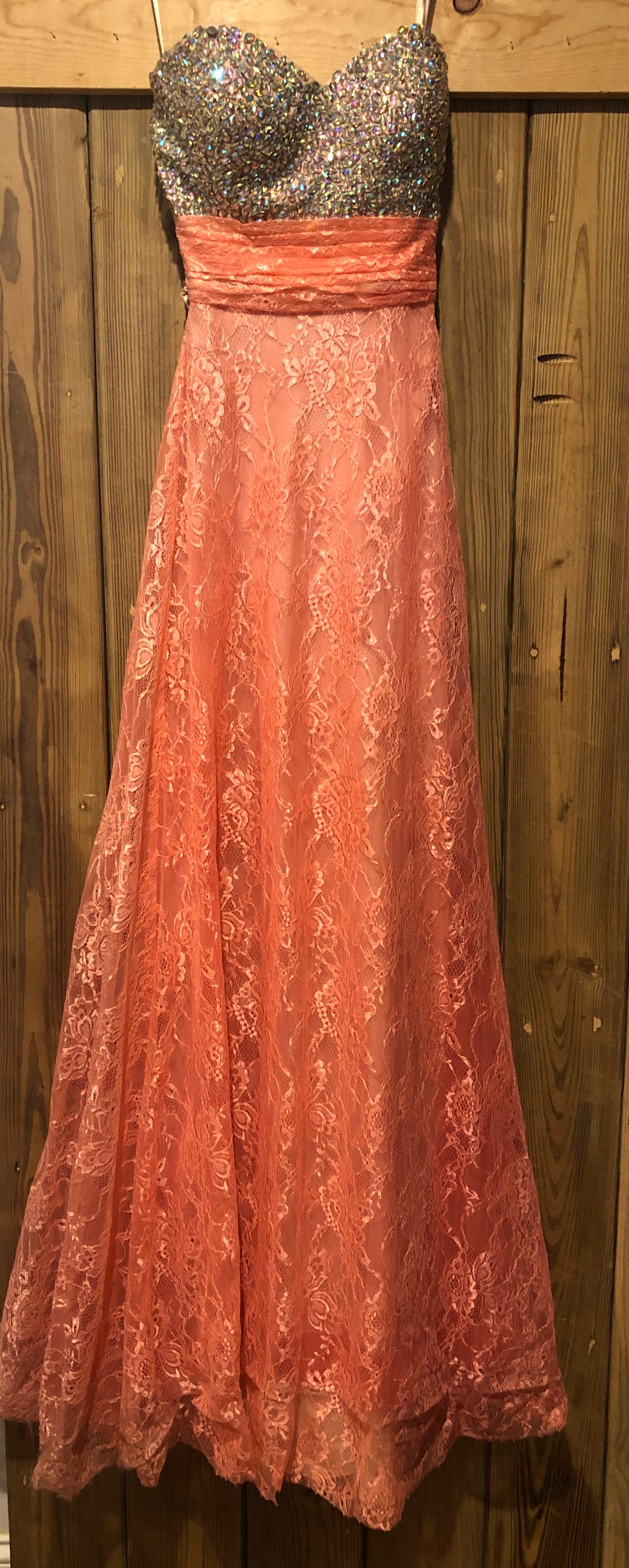 Salmon Lace Jeweled Bust Strapless Empire Waist A-Line Formal Evening Gown~00
