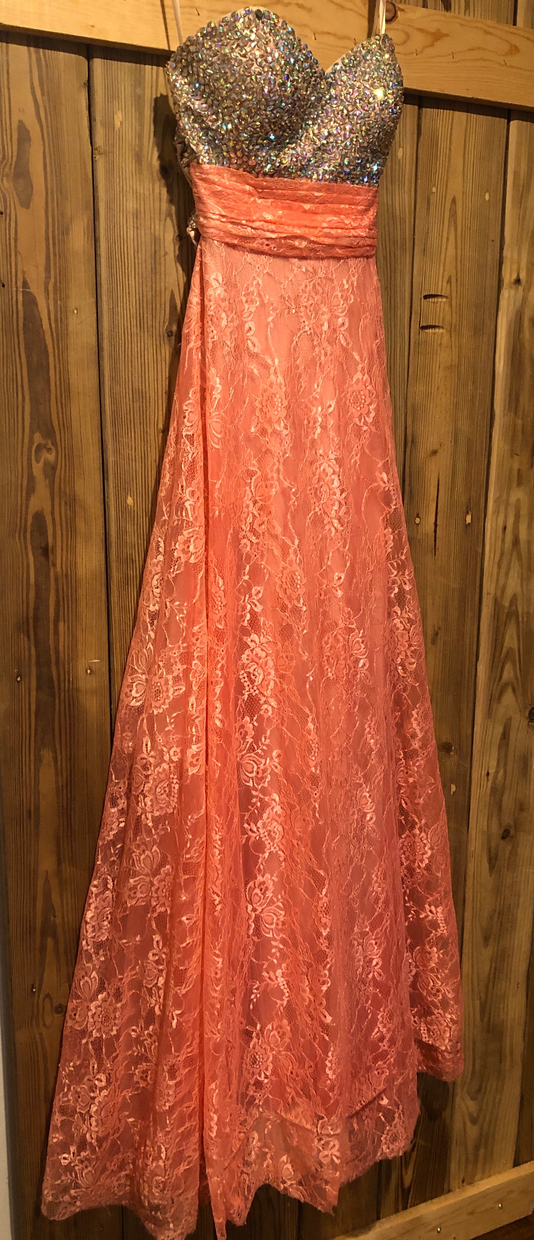Salmon Lace Jeweled Bust Strapless Empire Waist A-Line Formal Evening Gown~00