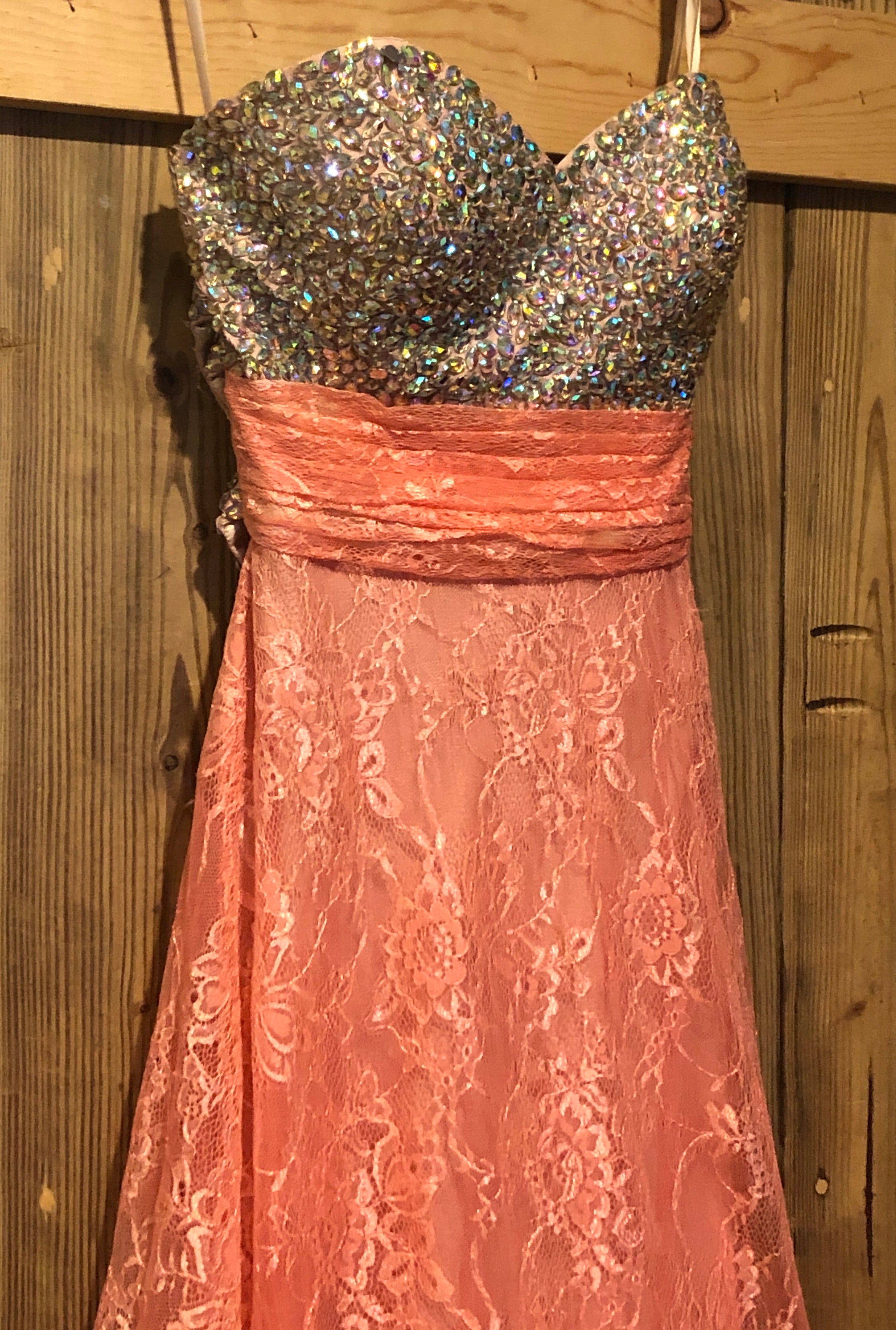 Salmon Lace Jeweled Bust Strapless Empire Waist A-Line Formal Evening Gown~00