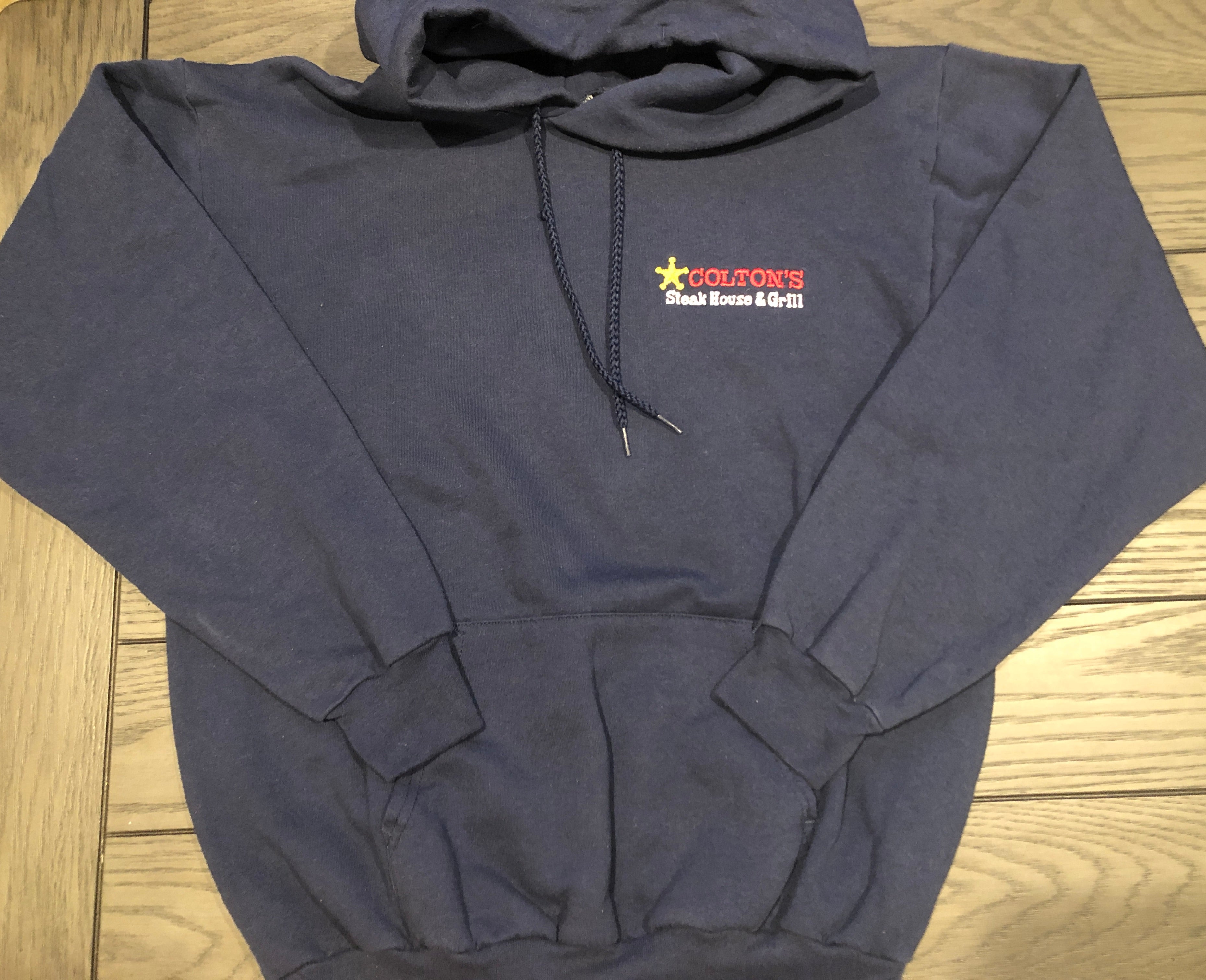 VTG Y2K Colton's Steak House & Grill Navy Embroidered Logo Hoodie Sweatshirt~M