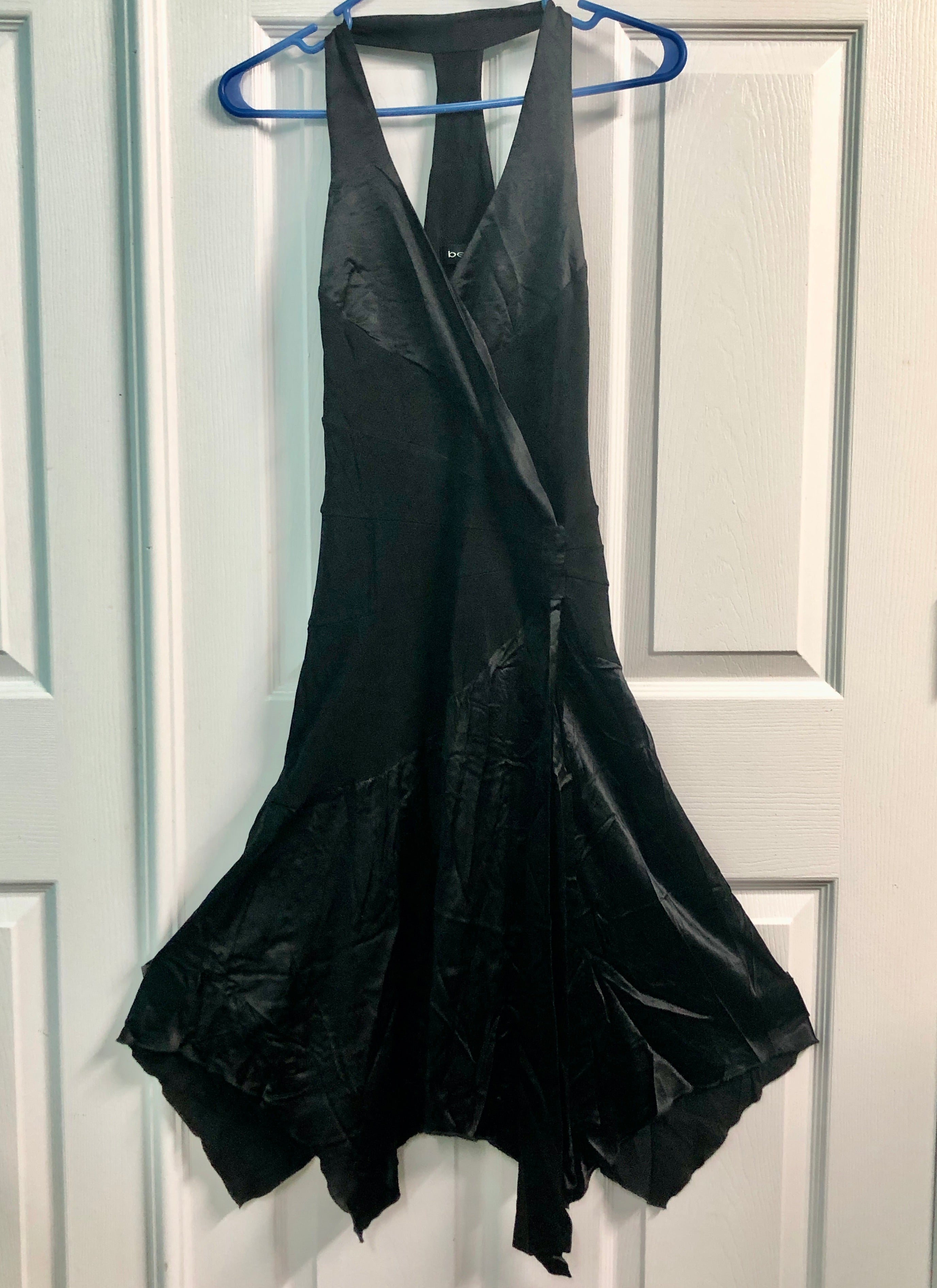 Vtg Y2K~Bebe~Black Rayon Silk Fairycore Asymmetrical Racer Back Halter Dress XS