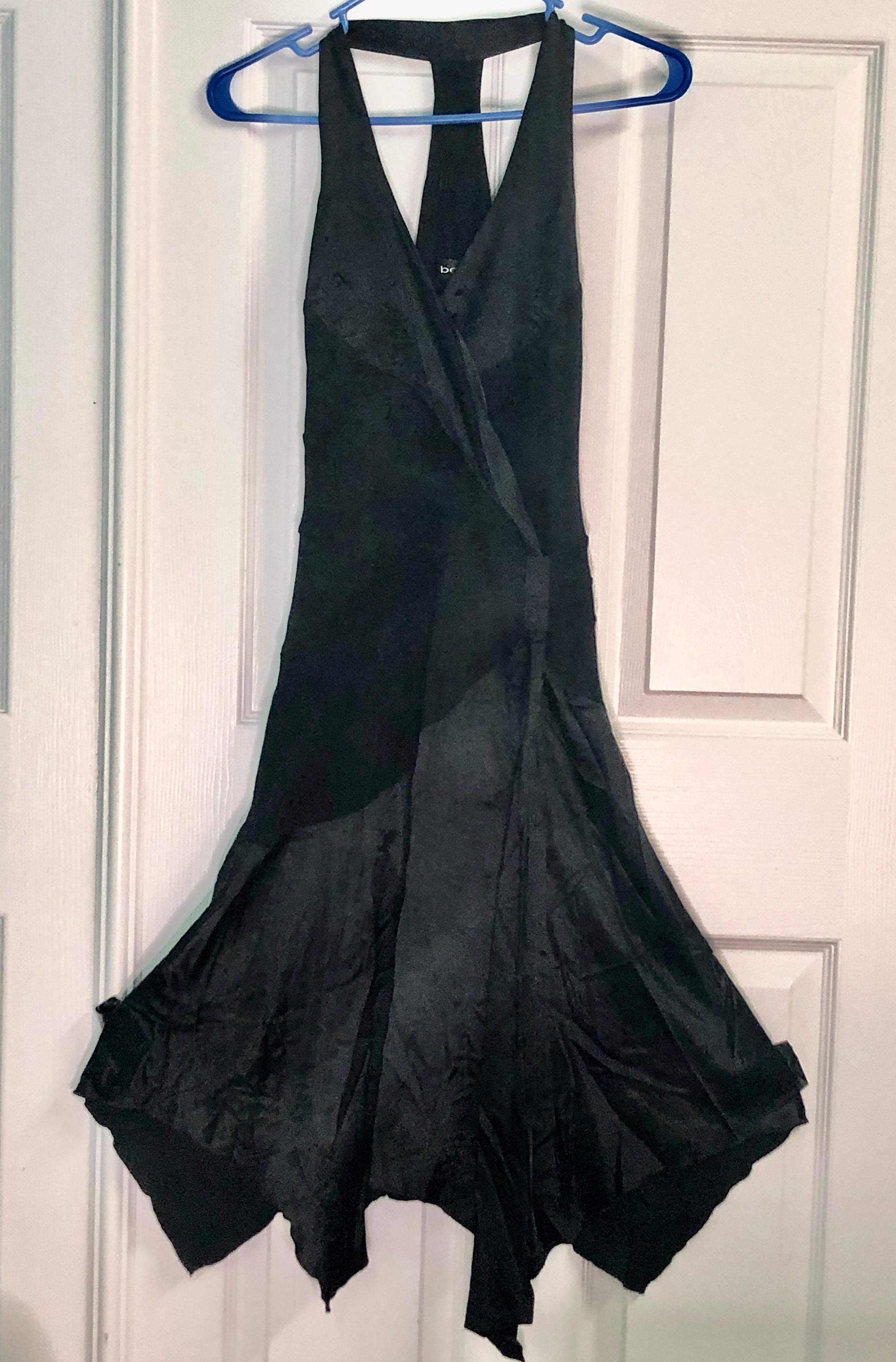 Vtg Y2K~Bebe~Black Rayon Silk Fairycore Asymmetrical Racer Back Halter Dress XS