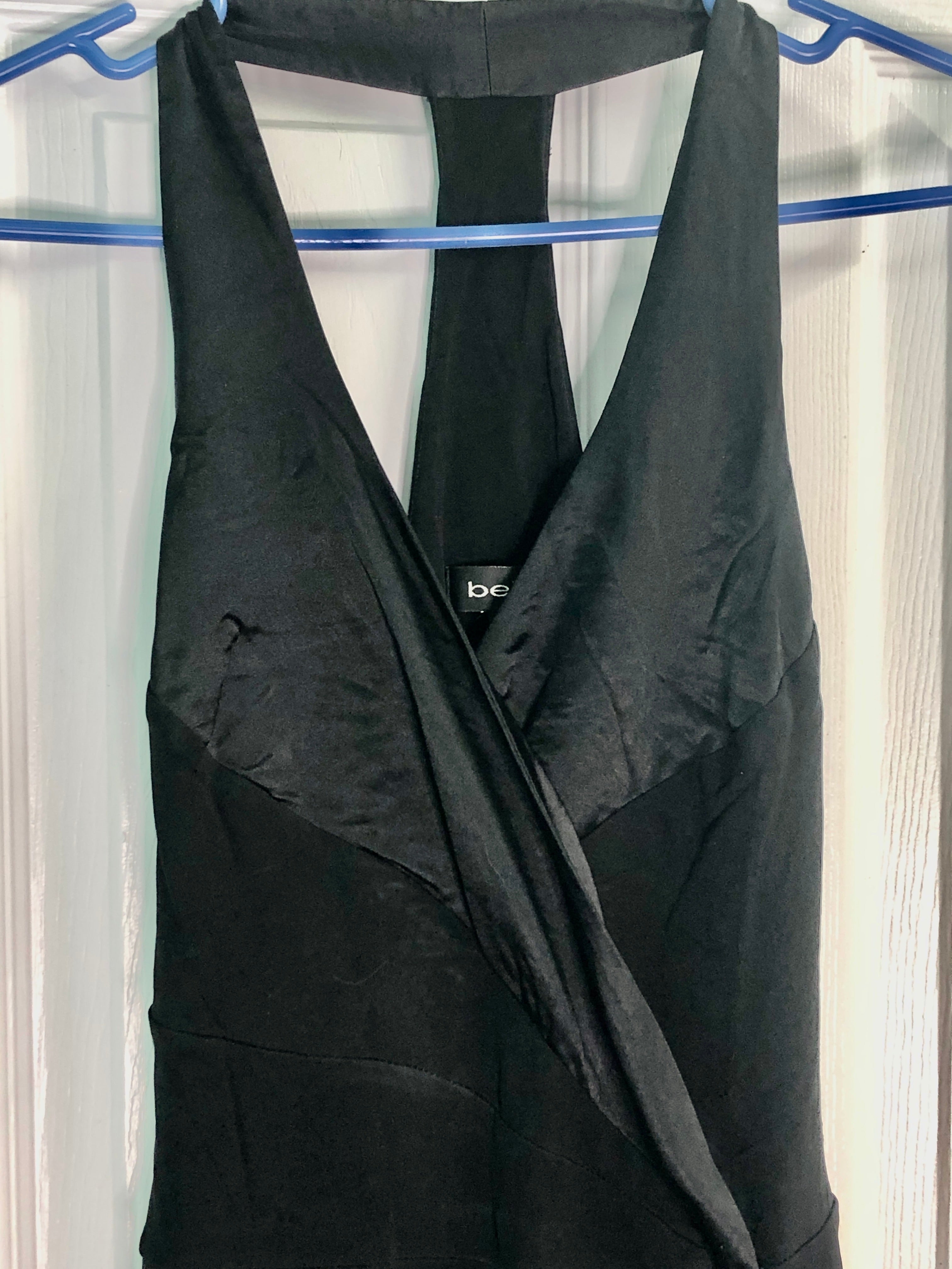 Vtg Y2K~Bebe~Black Rayon Silk Fairycore Asymmetrical Racer Back Halter Dress XS