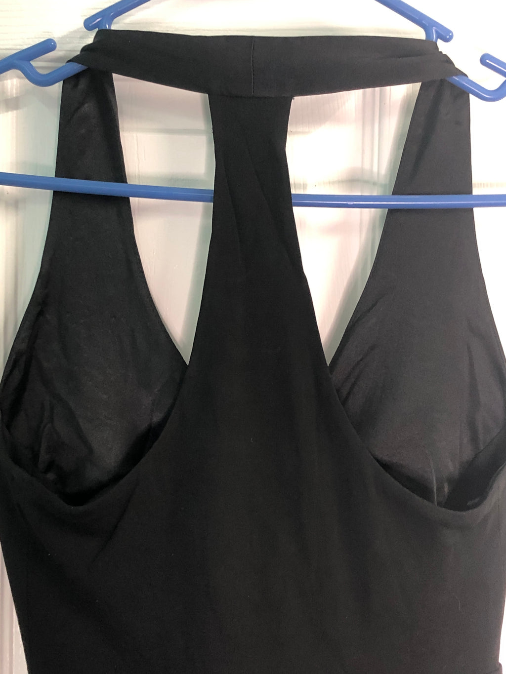 Vtg Y2K~Bebe~Black Rayon Silk Fairycore Asymmetrical Racer Back Halter Dress XS