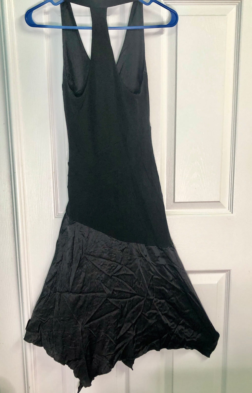 Vtg Y2K~Bebe~Black Rayon Silk Fairycore Asymmetrical Racer Back Halter Dress XS