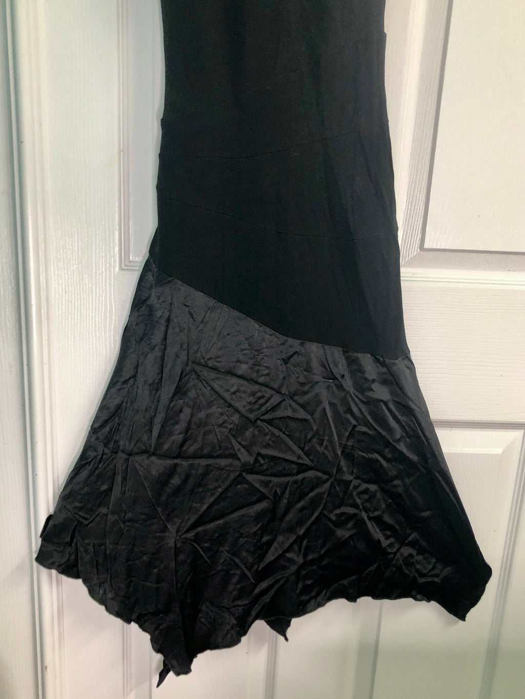 Vtg Y2K~Bebe~Black Rayon Silk Fairycore Asymmetrical Racer Back Halter Dress XS