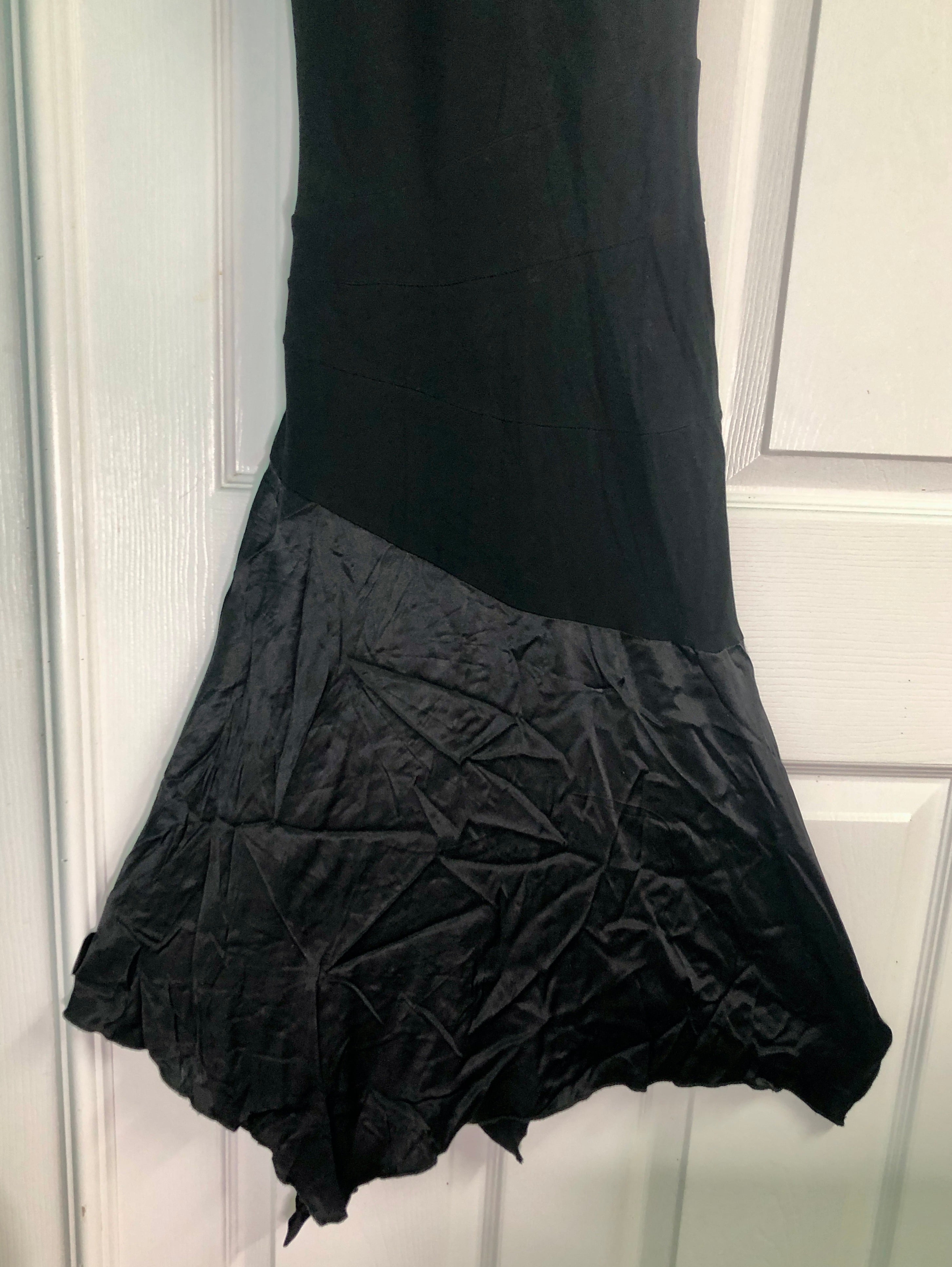 Vtg Y2K~Bebe~Black Rayon Silk Fairycore Asymmetrical Racer Back Halter Dress XS
