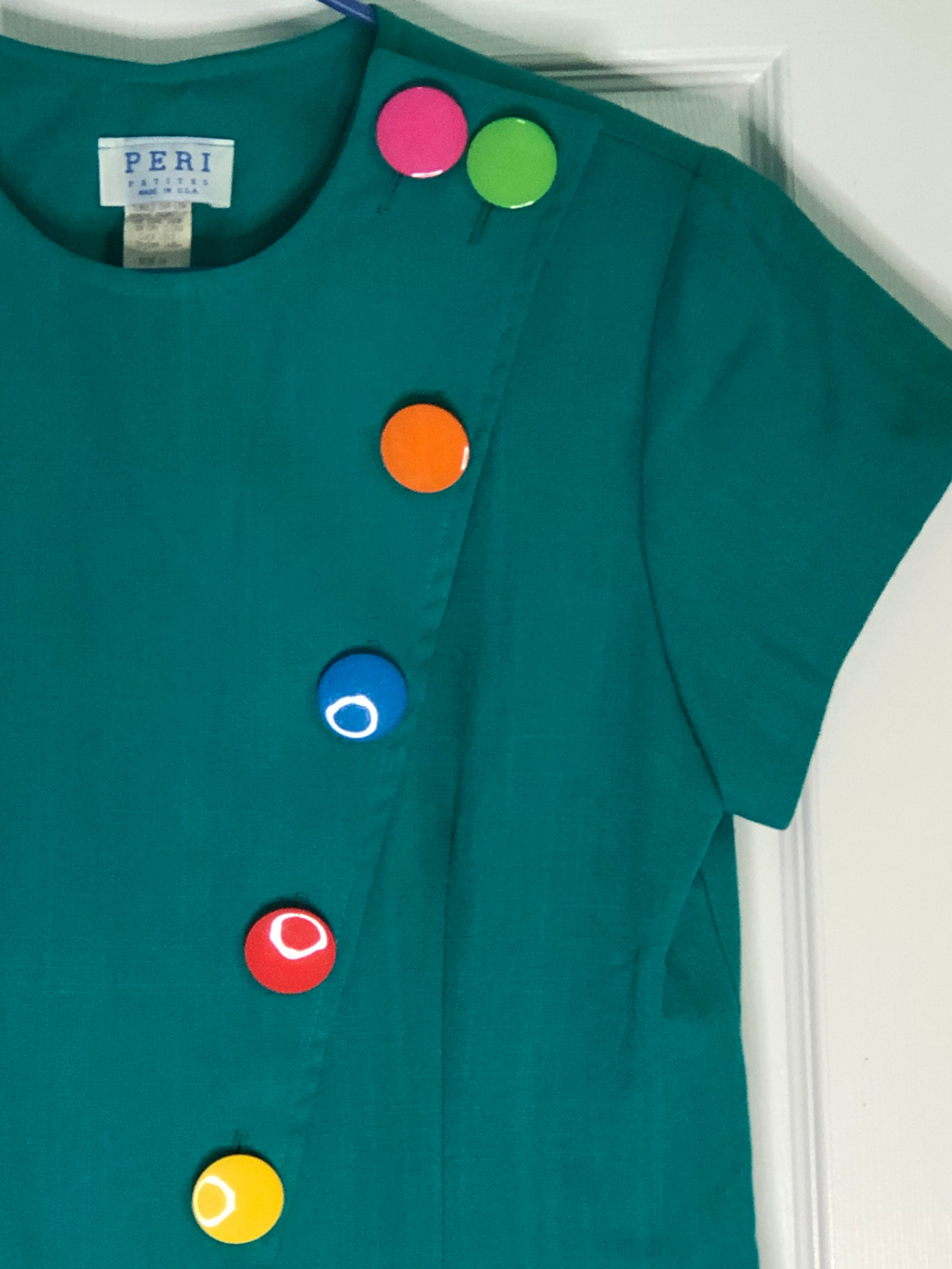 Vintage 80s Green Rainbow Multi Color Large Buttons Short Sleeve Sheath Dress 14