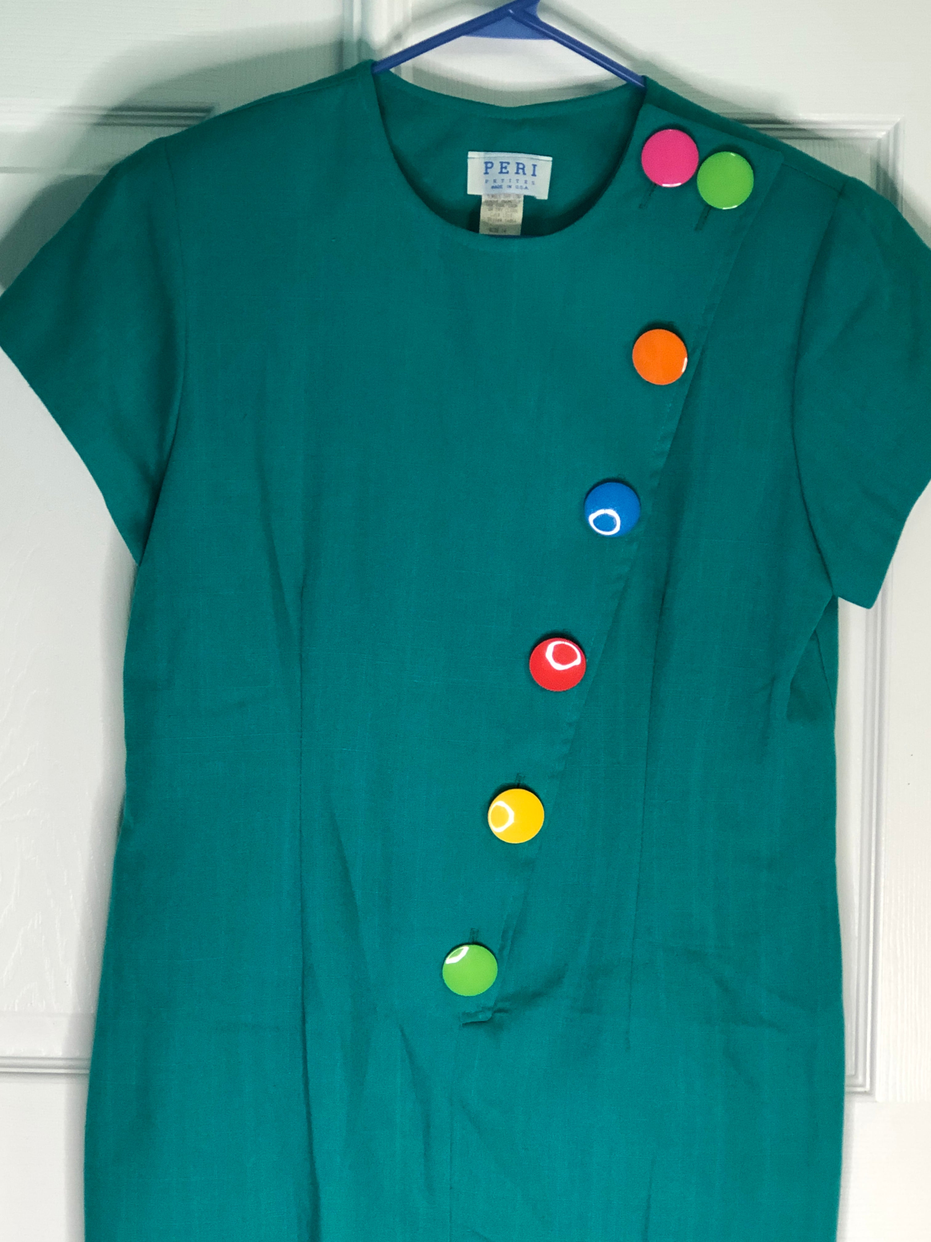 Vintage 80s Green Rainbow Multi Color Large Buttons Short Sleeve Sheath Dress 14