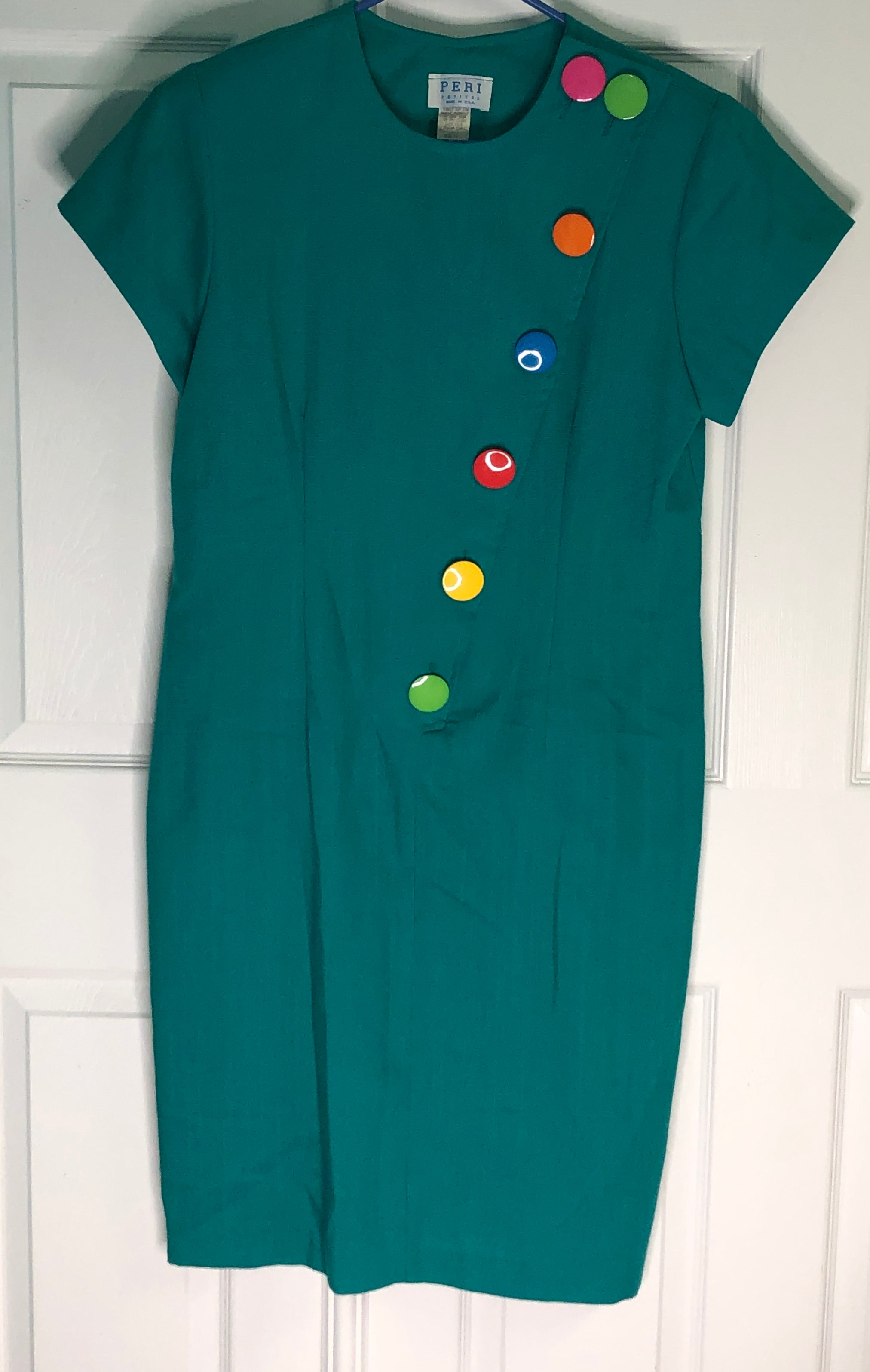 Vintage 80s Green Rainbow Multi Color Large Buttons Short Sleeve Sheath Dress 14