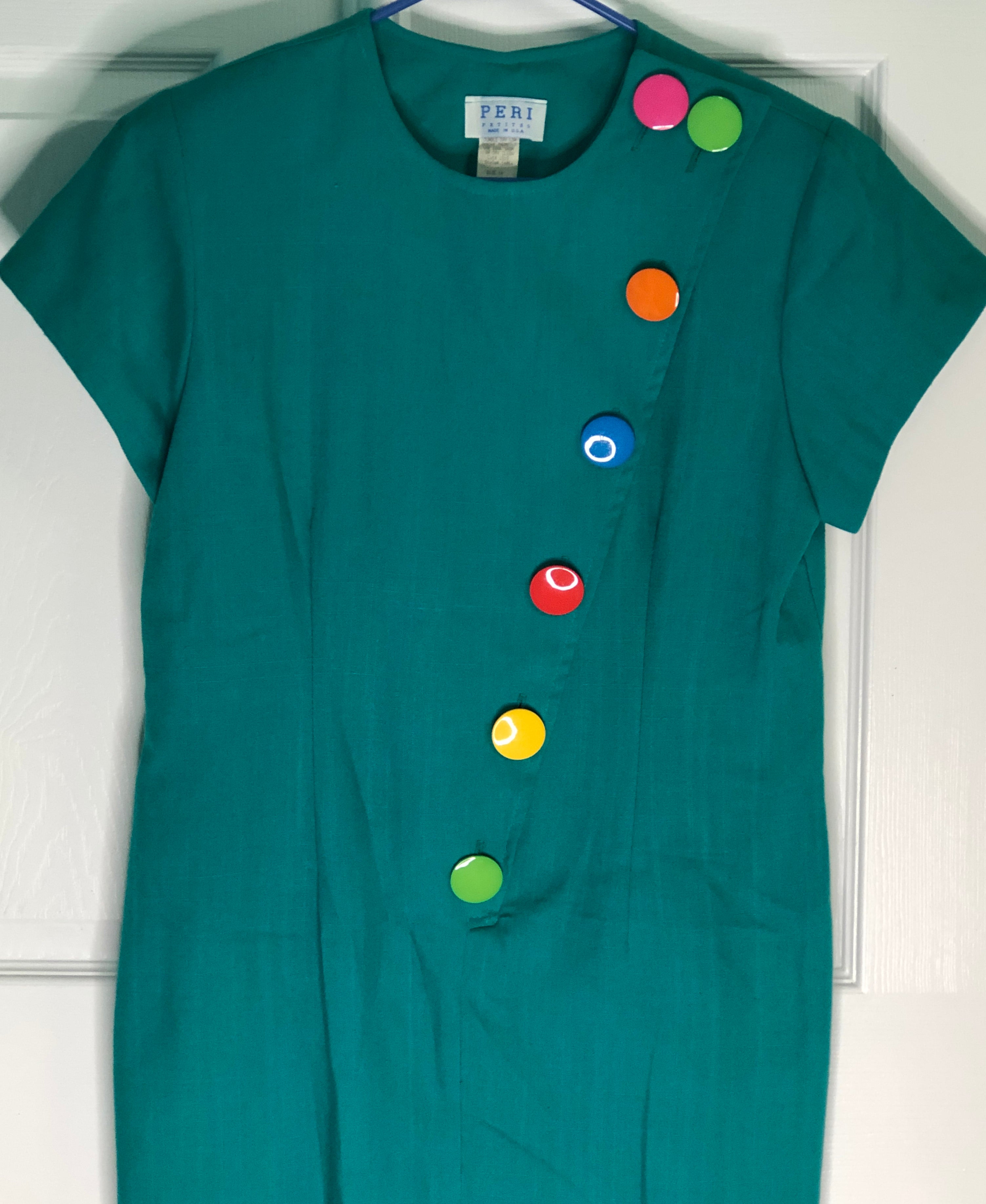 Vintage 80s Green Rainbow Multi Color Large Buttons Short Sleeve Sheath Dress 14