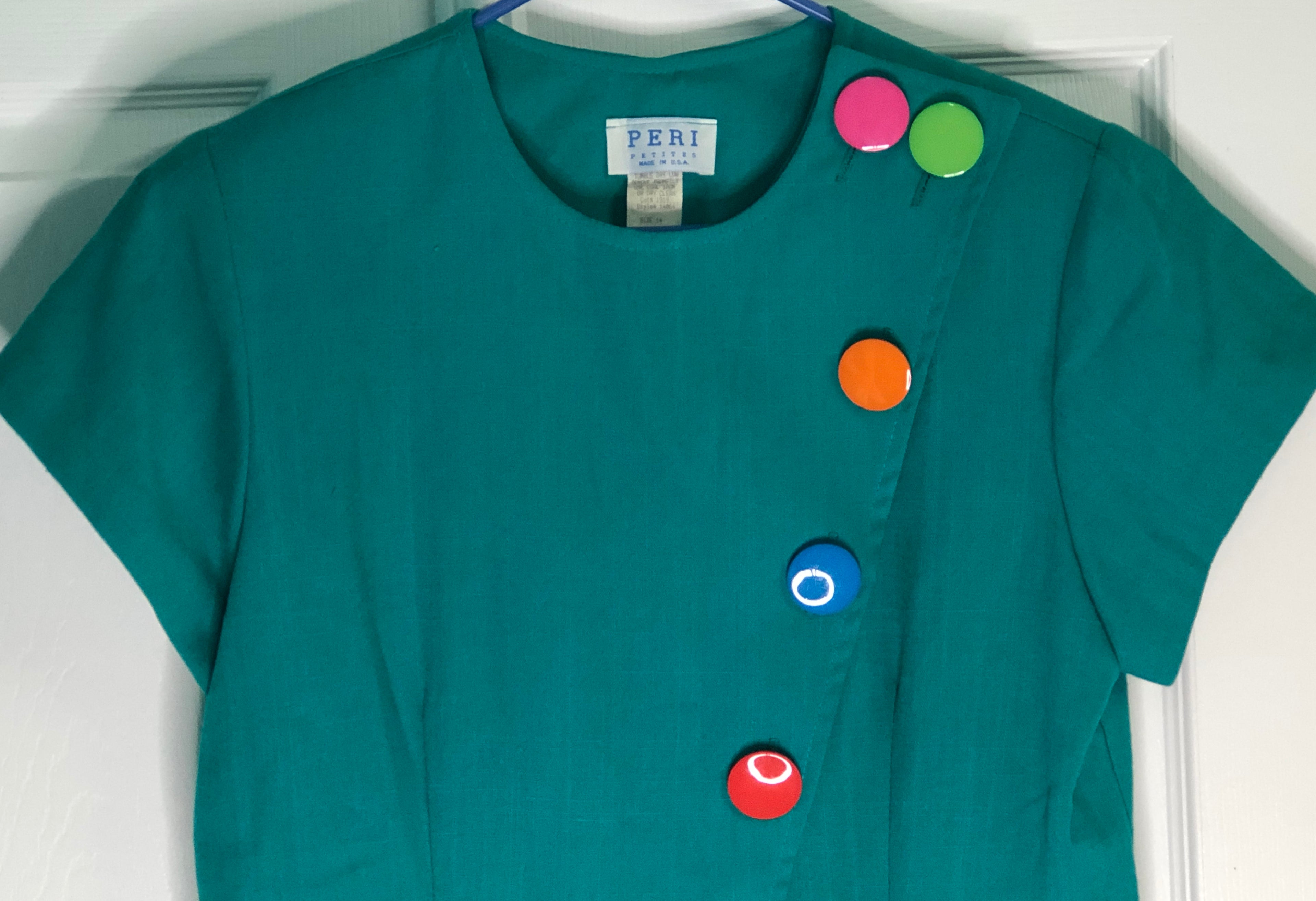 Vintage 80s Green Rainbow Multi Color Large Buttons Short Sleeve Sheath Dress 14