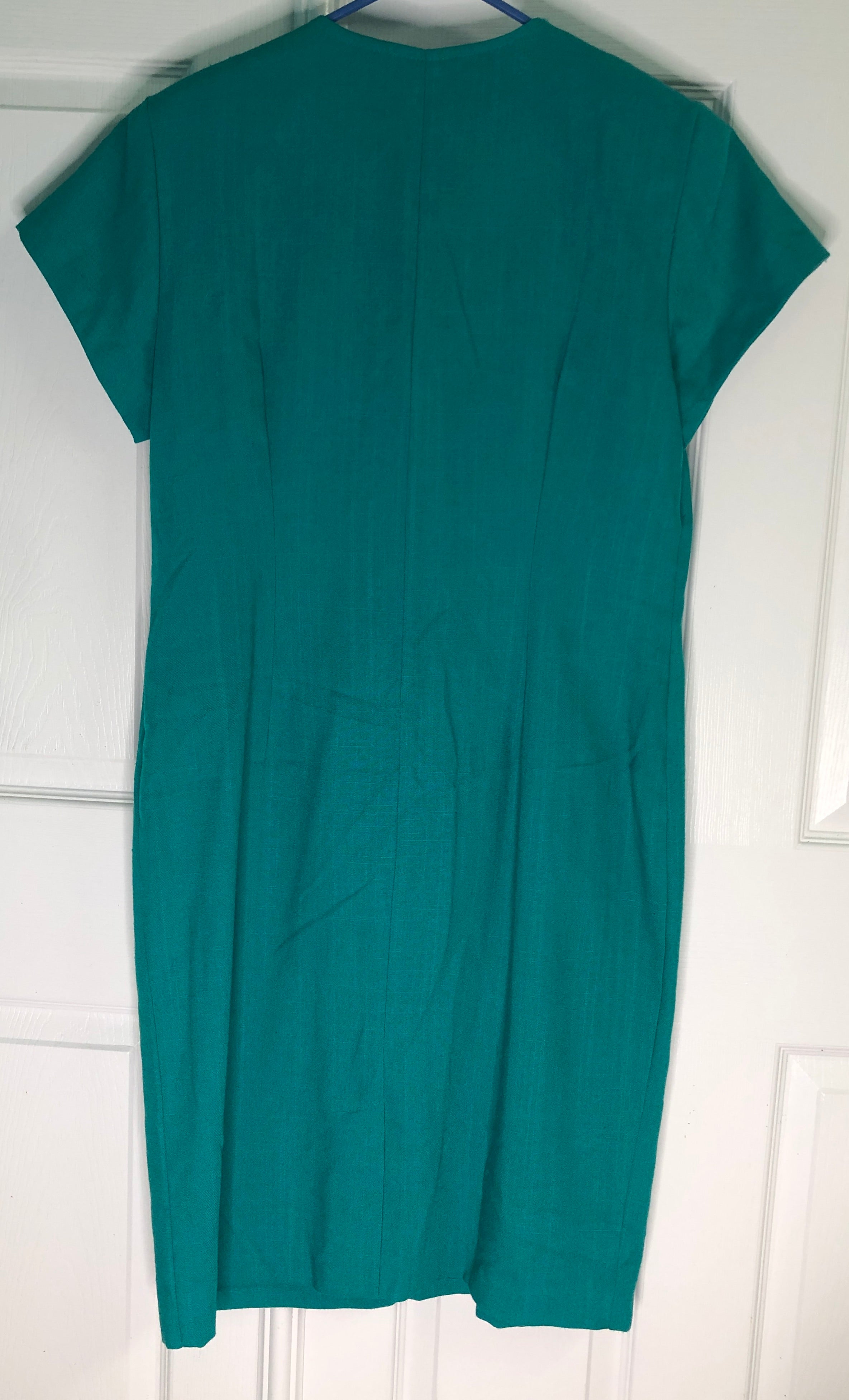 Vintage 80s Green Rainbow Multi Color Large Buttons Short Sleeve Sheath Dress 14
