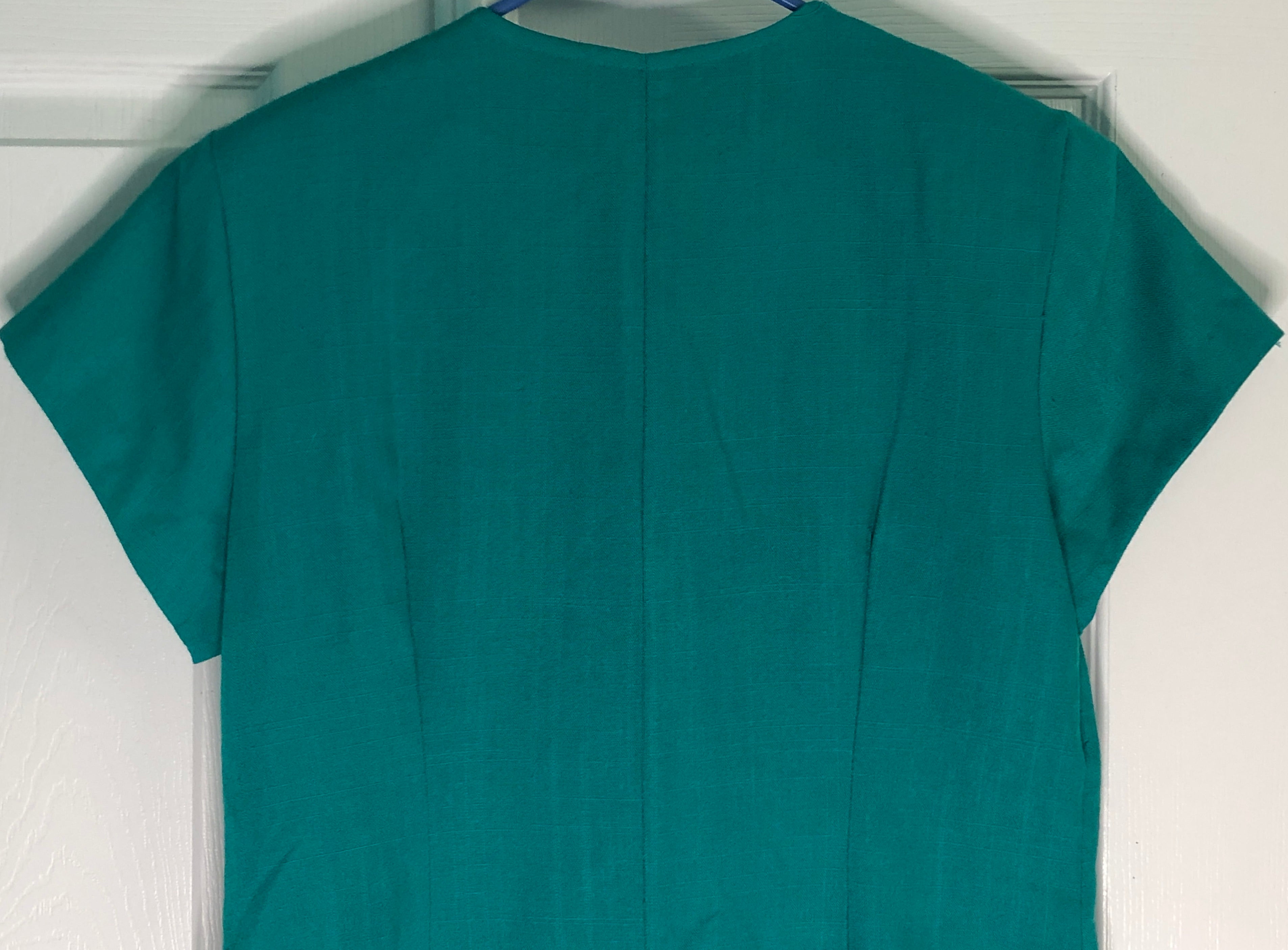 Vintage 80s Green Rainbow Multi Color Large Buttons Short Sleeve Sheath Dress 14