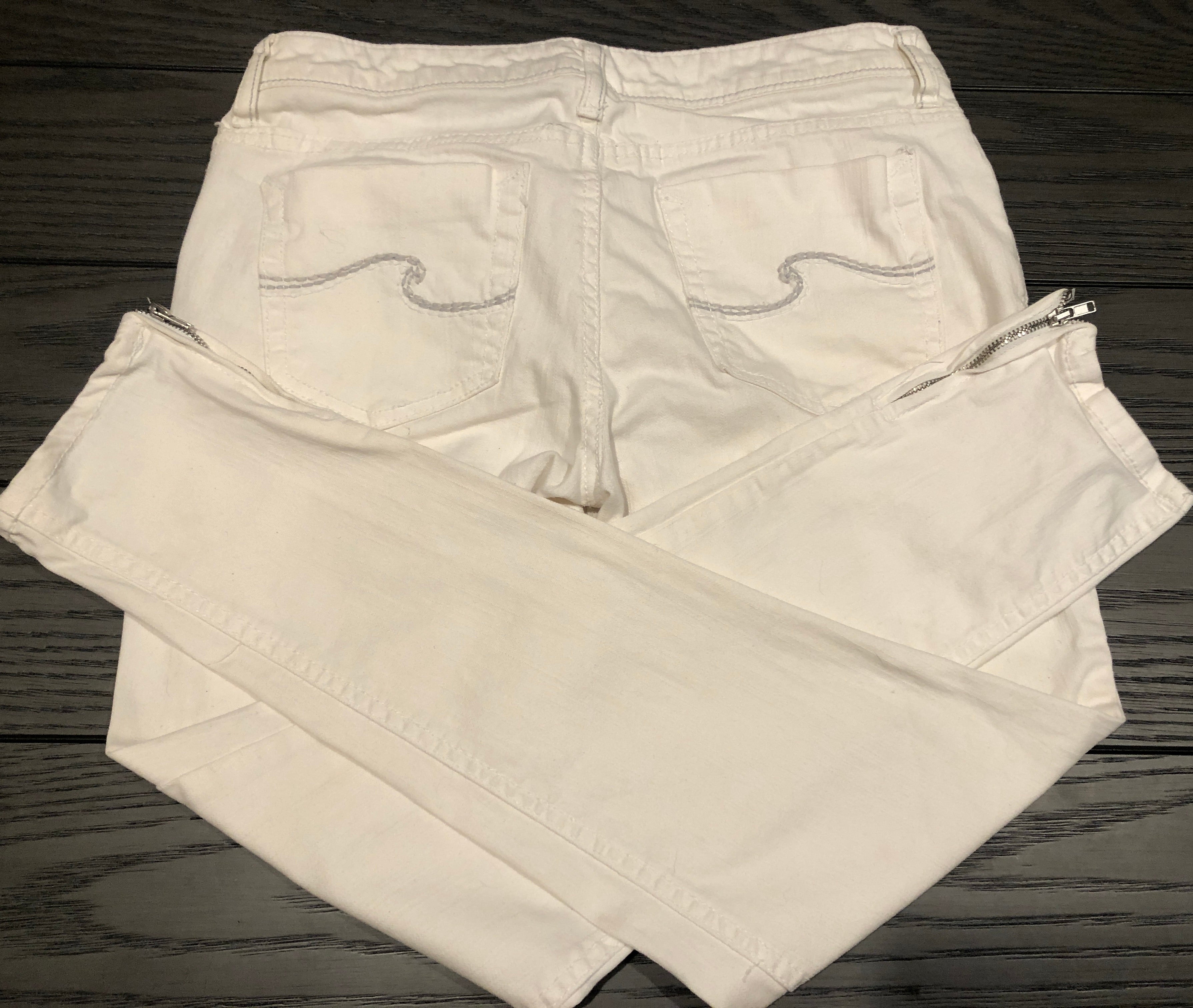Vtg Y2K~OP Ocean Pacific~Off-White Skinny Stretch Jeans~Cropped w/Zippers~Sz 7