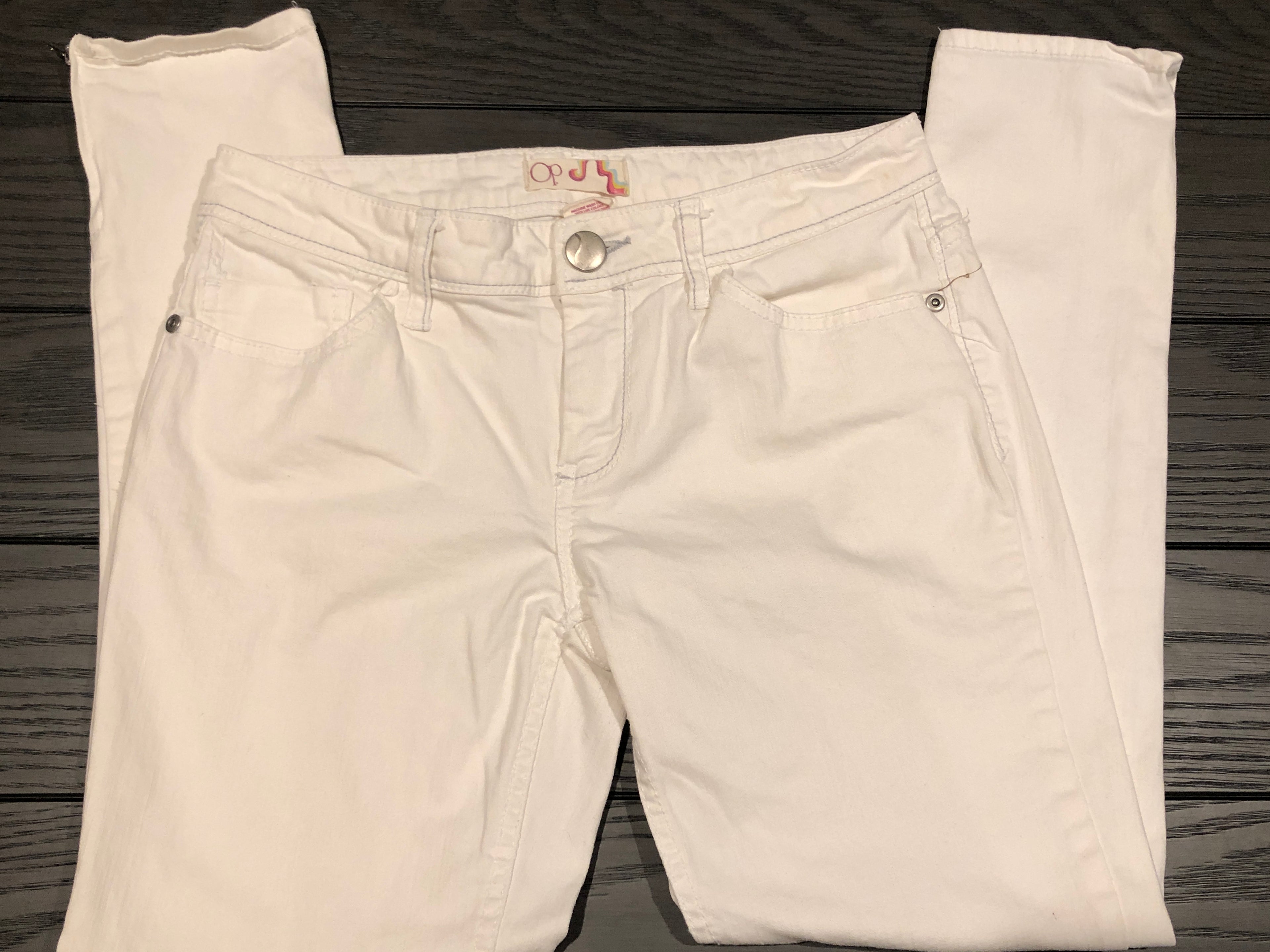 Vtg Y2K~OP Ocean Pacific~Off-White Skinny Stretch Jeans~Cropped w/Zippers~Sz 7