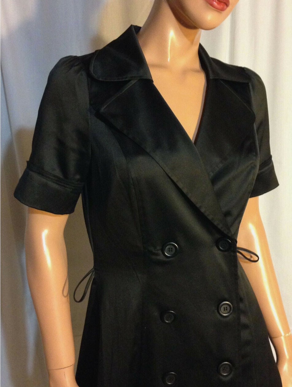 Y2K Black Stretch Satin Notched Lapel 8 Button Double Breasted Career Dress~6