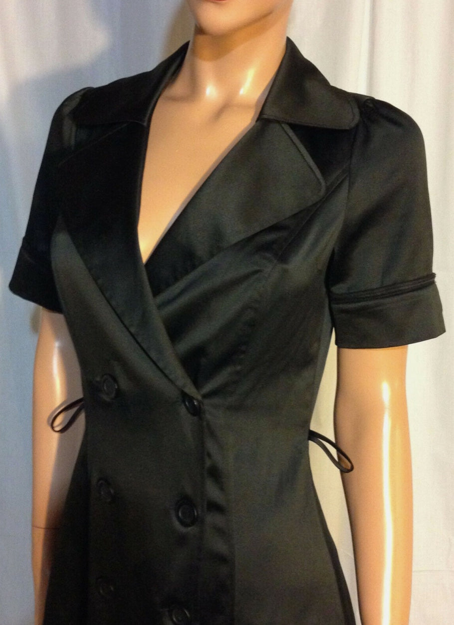 Y2K Black Stretch Satin Notched Lapel 8 Button Double Breasted Career Dress~6