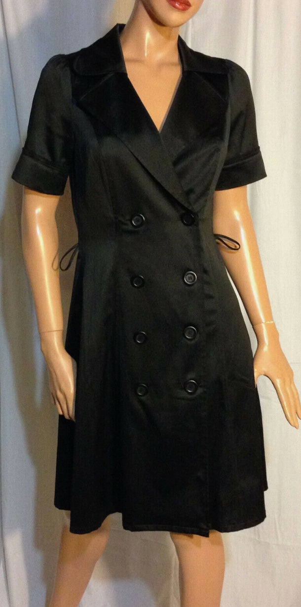 Y2K Black Stretch Satin Notched Lapel 8 Button Double Breasted Career Dress~6