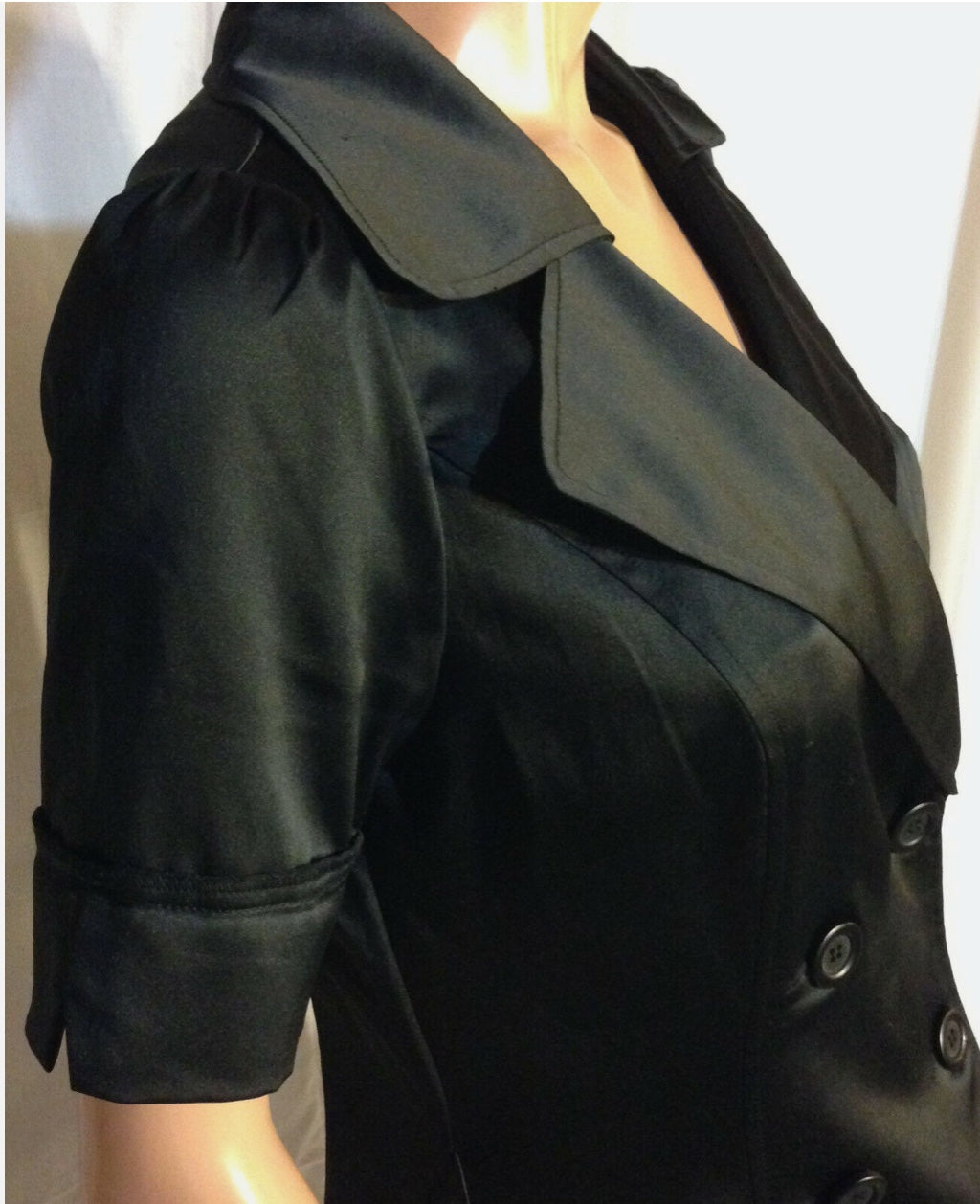 Y2K Black Stretch Satin Notched Lapel 8 Button Double Breasted Career Dress~6