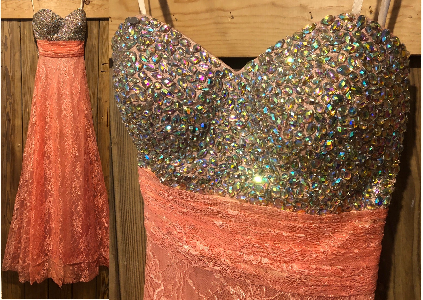 Salmon Lace Jeweled Bust Strapless Empire Waist A-Line Formal Evening Gown~00