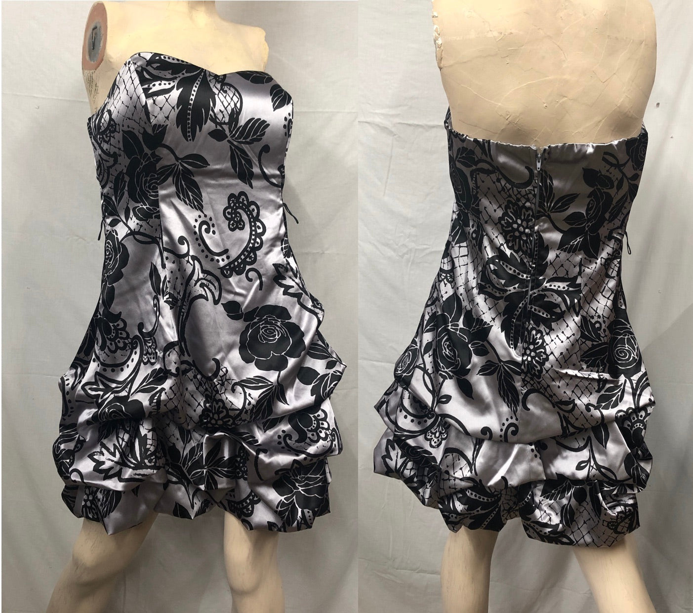 Y2K Silver/Black Floral Satin Short Formal Dress *Whimsigoth Party Occasion *11