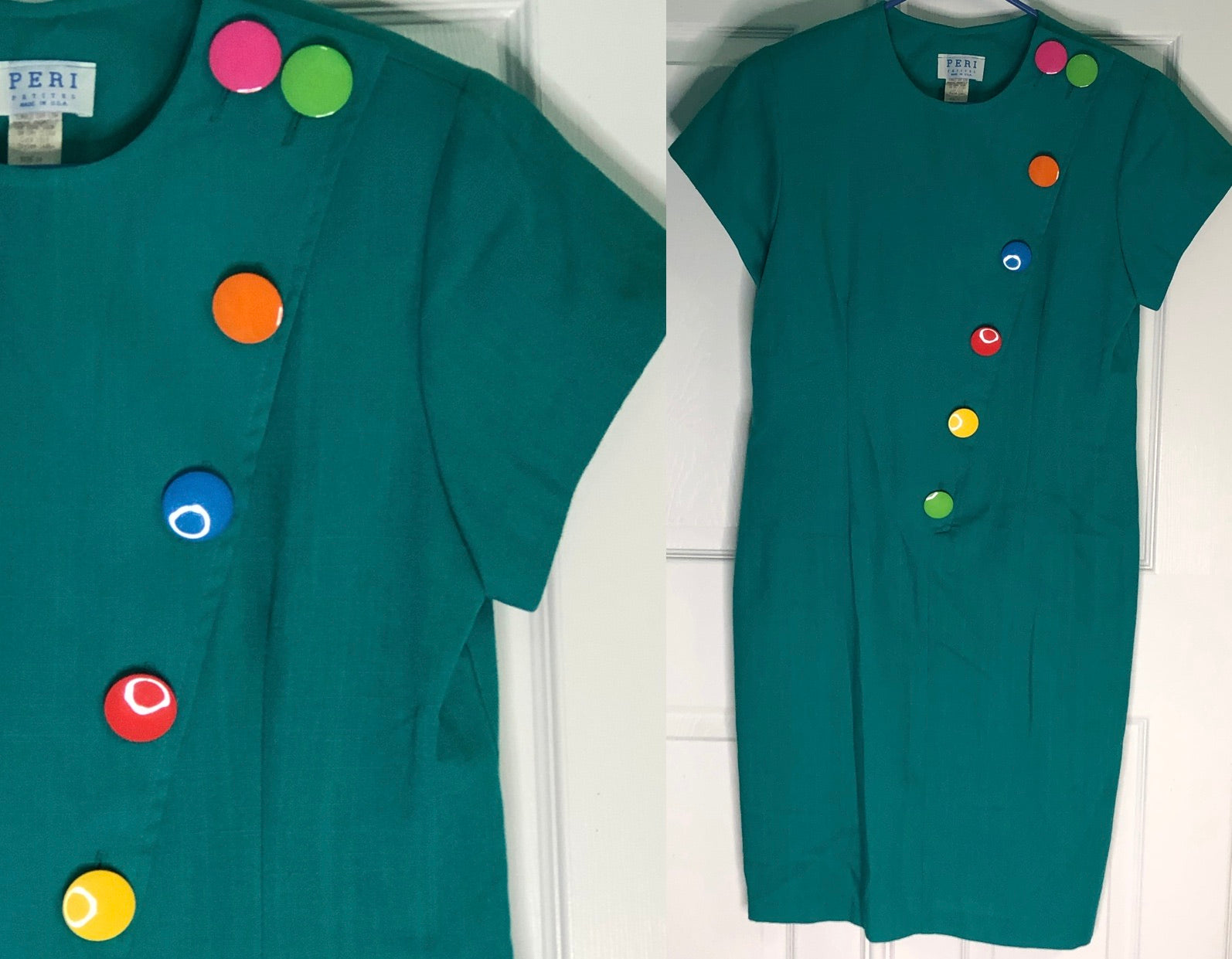 Vintage 80s Green Rainbow Multi Color Large Buttons Short Sleeve Sheath Dress 14