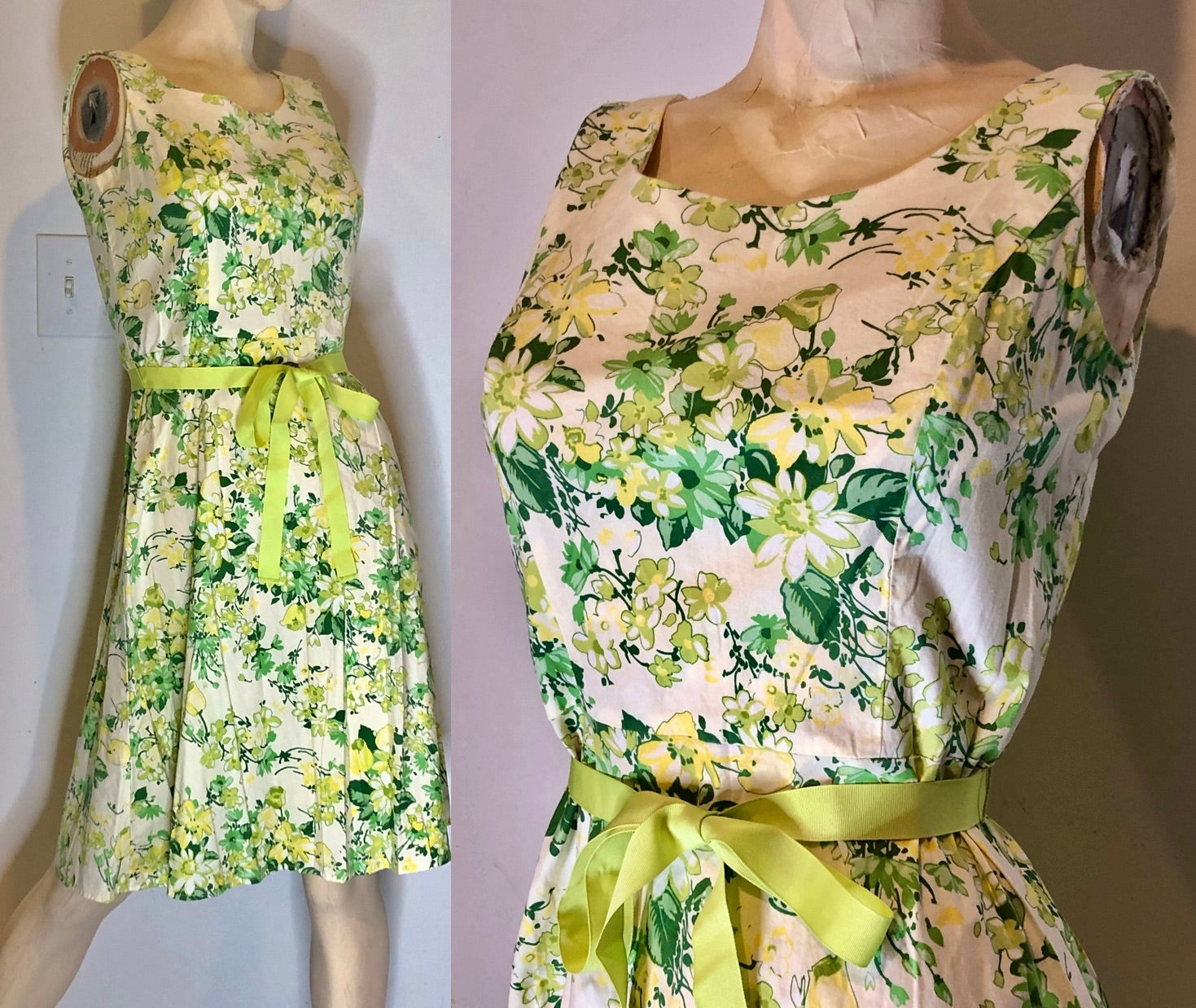 VTG Y2K Does 50s Green/White Floral Fit & Flare Feminine Summer Tank Dress Sz6