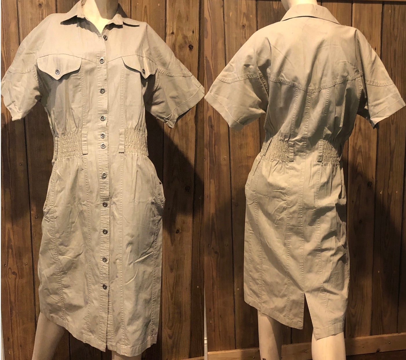 VTG 80s/90s Khaki Button Down Safari Style Shirt Dress Short Sleeve Pencil Sz 4