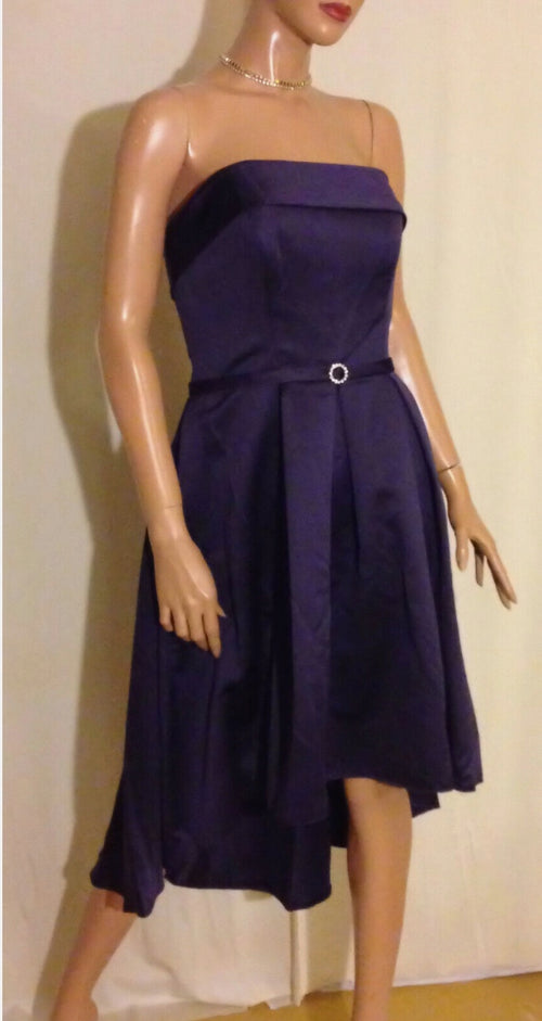 $160 Designer Strapless Satin High-Low Midi Bridesmaid Dress Aubergine~8 NWT