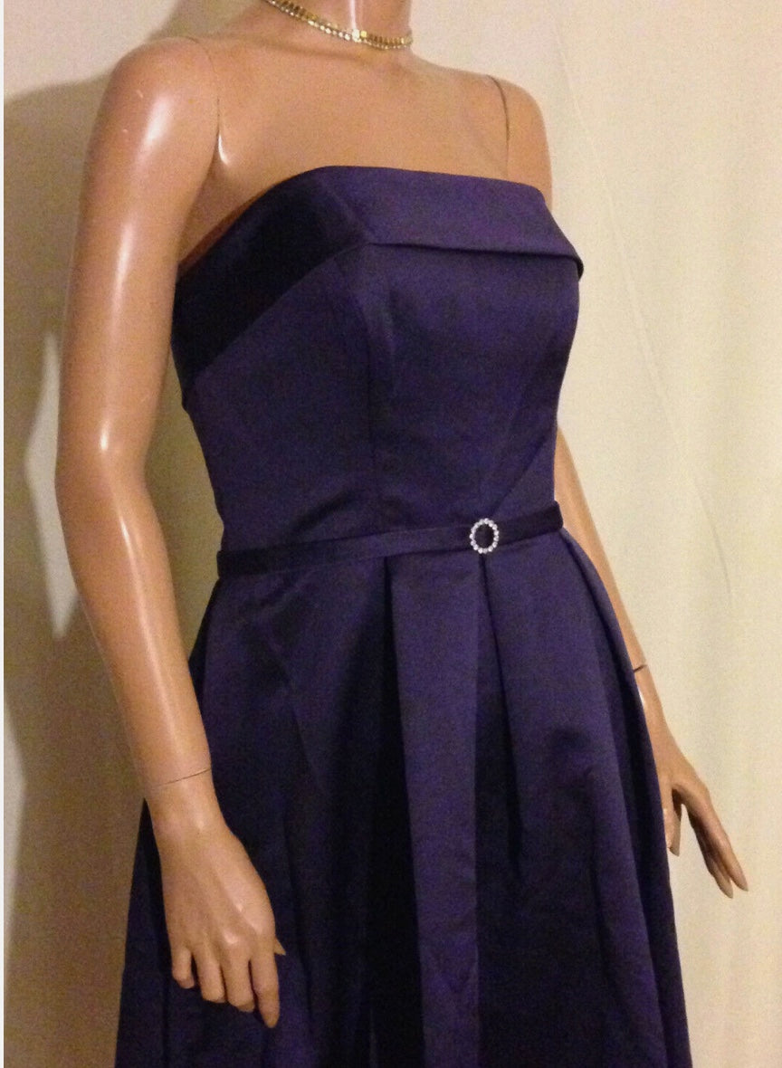 $160 Designer Strapless Satin High-Low Midi Bridesmaid Dress Aubergine~8 NWT