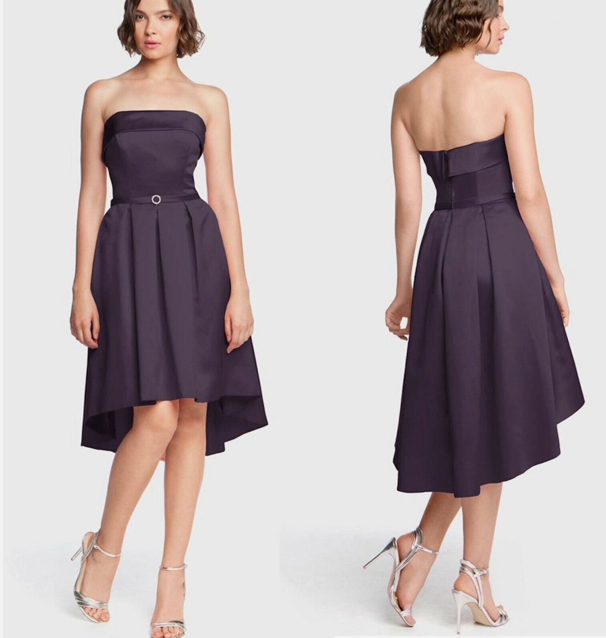 $160 Designer Strapless Satin High-Low Midi Bridesmaid Dress Aubergine~8 NWT